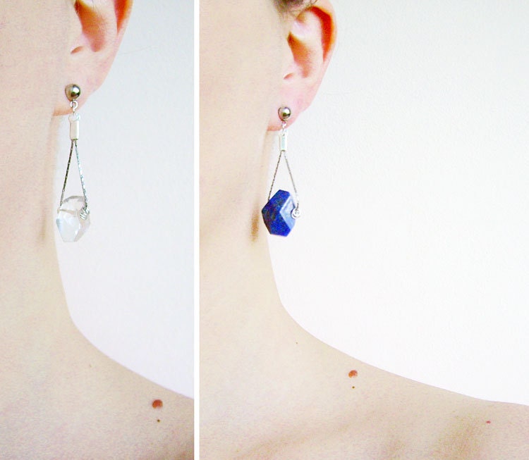 Lapislazuli Oder Quarz Kristall Ohrringe Silber Edelstein Anhänger von AlinaandT