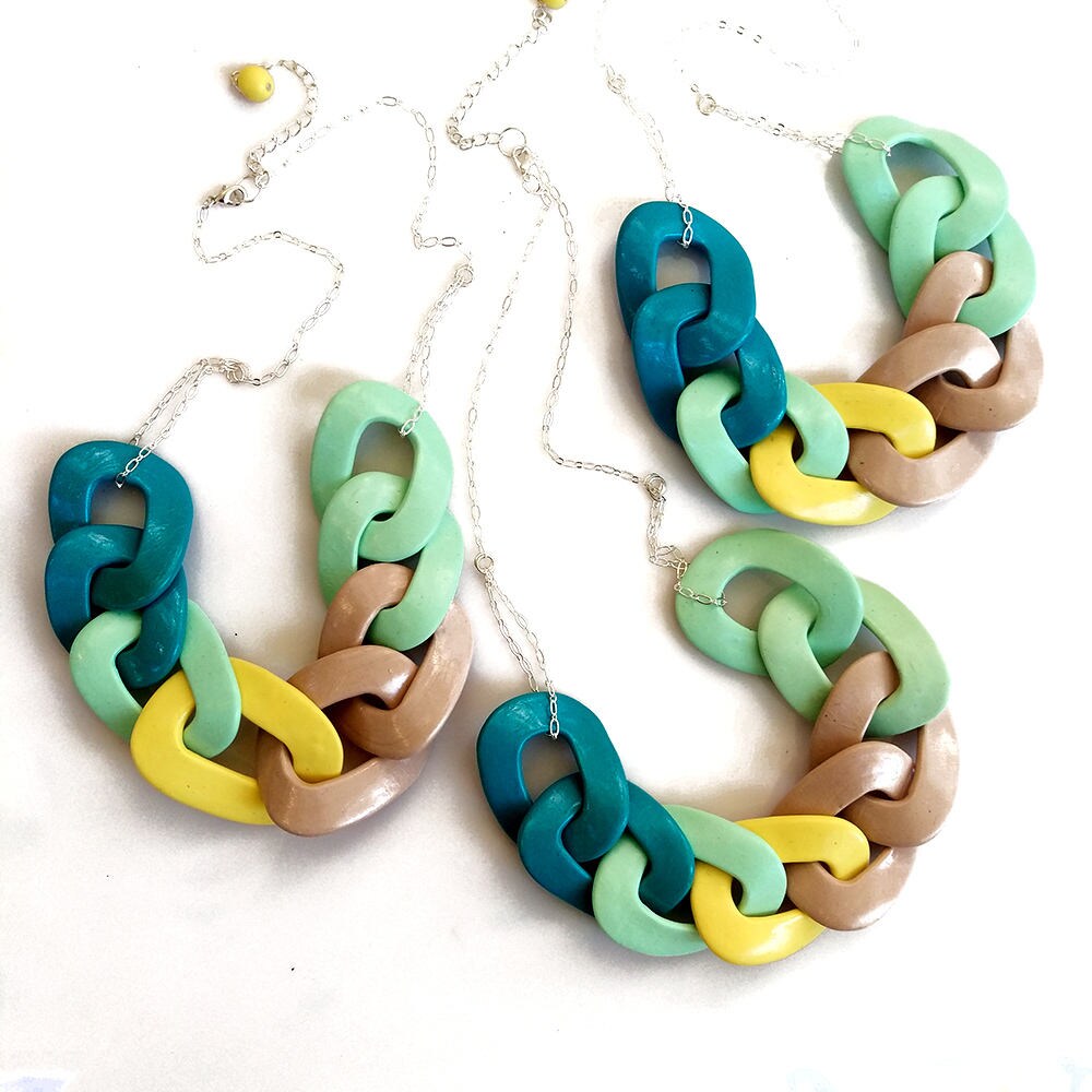 Handgemachte Kettenglied-Halskette Aus Polymer Clay Mint, Gelb, Petrol von AlinaandT
