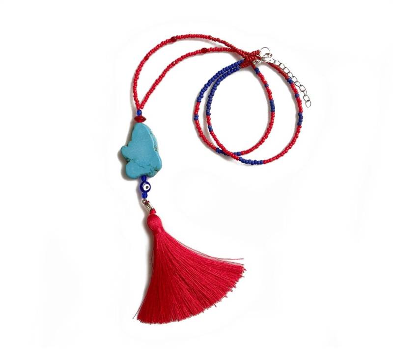 Lange Türkis Slab Quaste Halskette Roter Perlen Boho Statement Schmuck von AlinaandT
