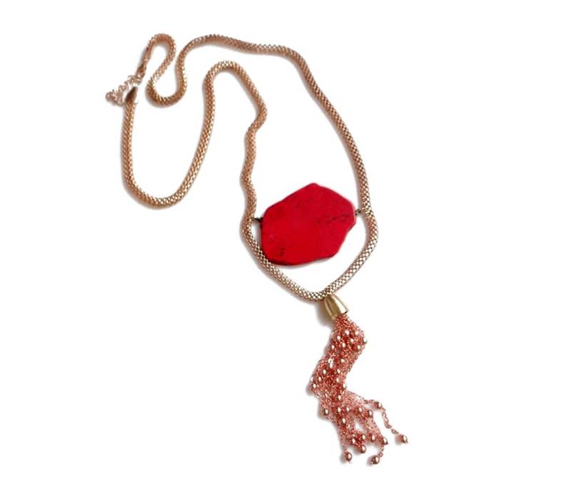 Roter Türkis Howlith Halskette Roségold Quaste Boho Statement Halskette von AlinaandT