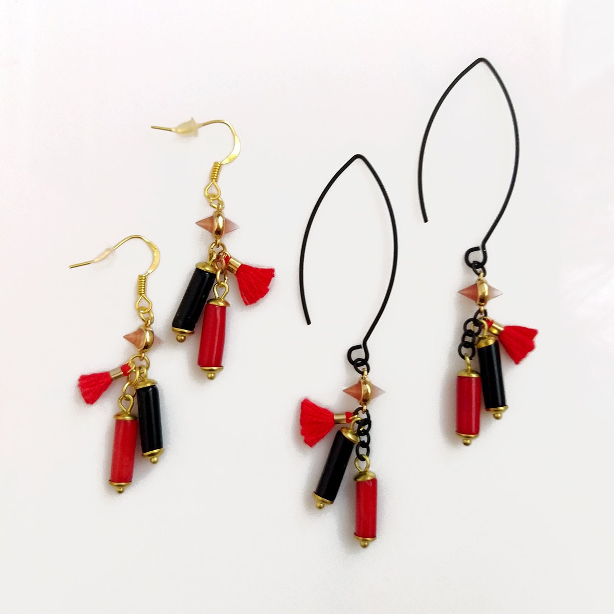 Rote Quasten Ohrringe Statement Ohrringe Mit Schwarzer Onyx Und Koralle Edelstein von AlinaandT