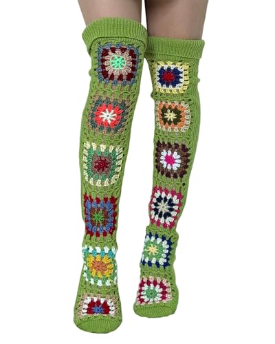 Alinelle Damen gehäkelte Oberschenkelstrümpfe Wolle gestrickt Overknee-Socken Zopfsocken Winter warme Stiefelsocken Blumenstickerei Beinstulpen, Green a, Einheitsgröße von Alinelle