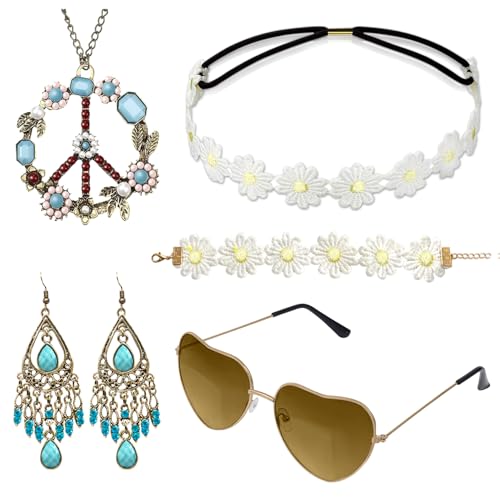 Alintor Hippie Kostüm Damen Set mit Brille, Schlagermove, 5 Stück Hippie Accessoires, 60er 70er Jahre Bekleidung Damen Zubehör, Flower Power Accessoires, Peace Kette von Alintor