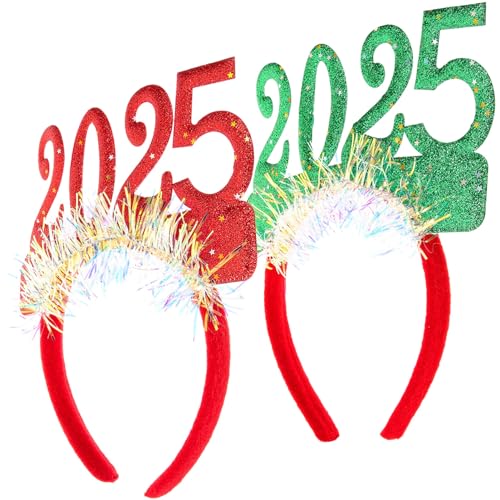 Alipis 2025 Frohes Neues Jahr Stirnbänder 2 Stück 2025 Silvester Haarreifen Glitzer-Lametta 2025 Haarband Kopfbedeckungen Für Urlaub Silvester Party Haarschmuck Grün + Rot von Alipis