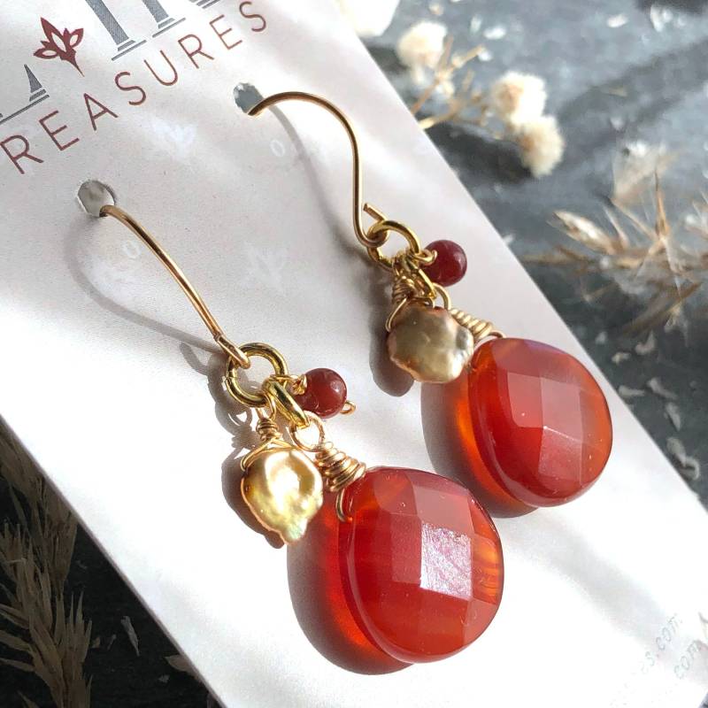 Karneol Perle Ohrringe Gold-Finish Orange Naturstein Boho Statement Cluster Tropfen Geburtstag Muttertagsgeschenk Für Ihre Frau 6688 von AliraTreasures