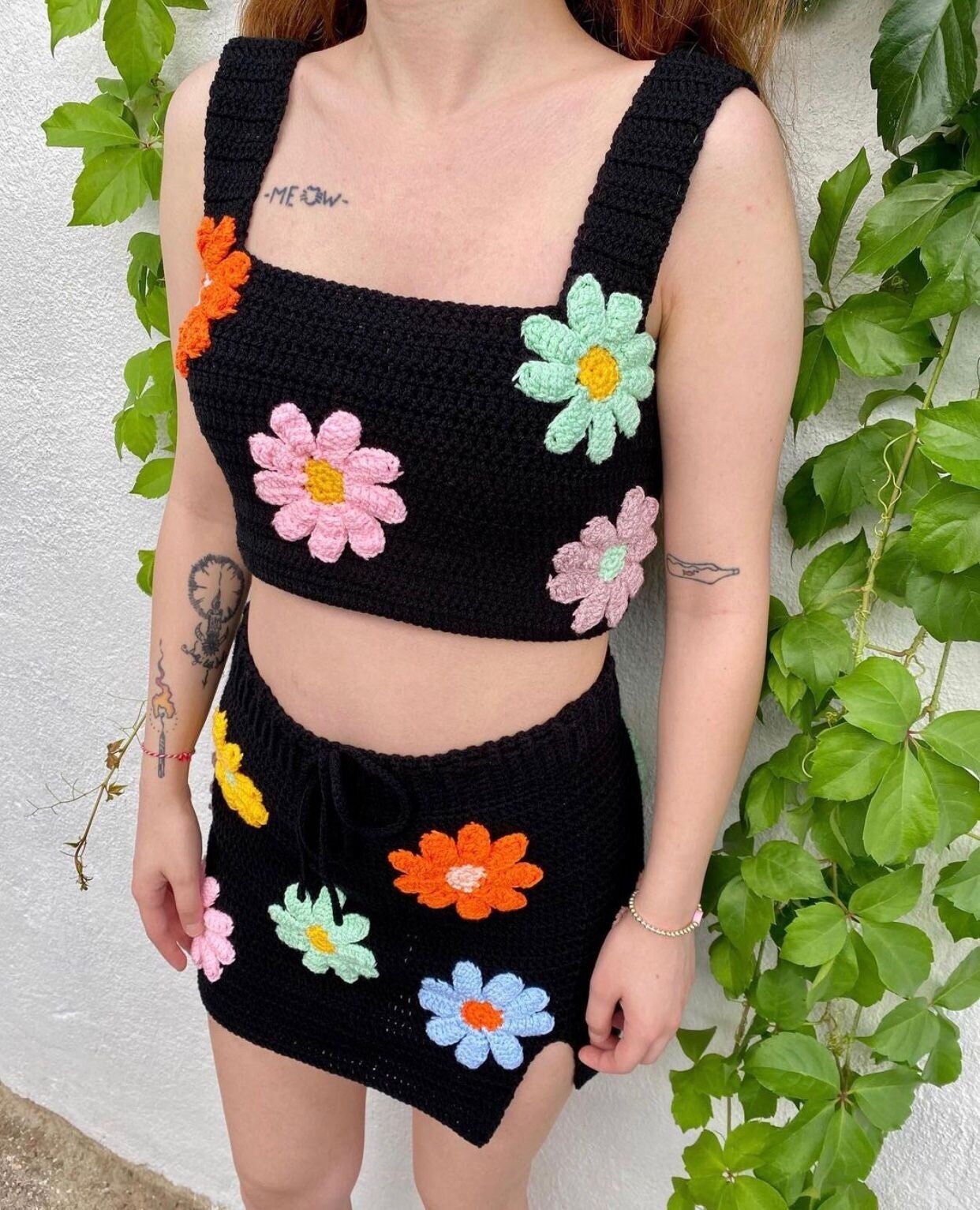 Gehäkelte Florale Kleidung Set, Zweiteilige Crop Top Und Rock Gehäkelt Sommer Top, Floral von AlisdaKnit