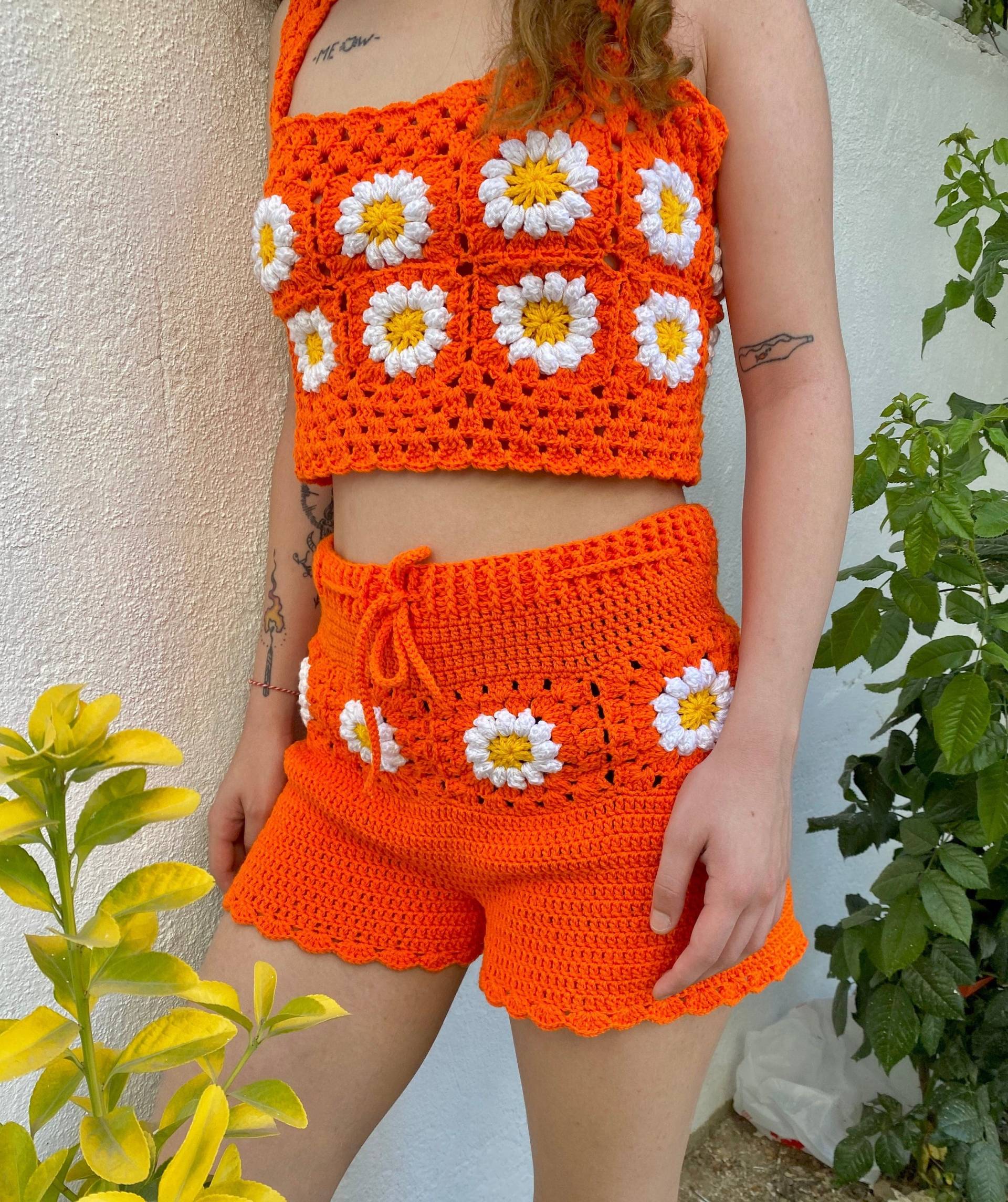 Häkeln Daisy Kleidung Set, Gehäkeltes Zweiteiliges Crop Top Und Shorts Oma Sommer Top, Häkeln Set von AlisdaKnit