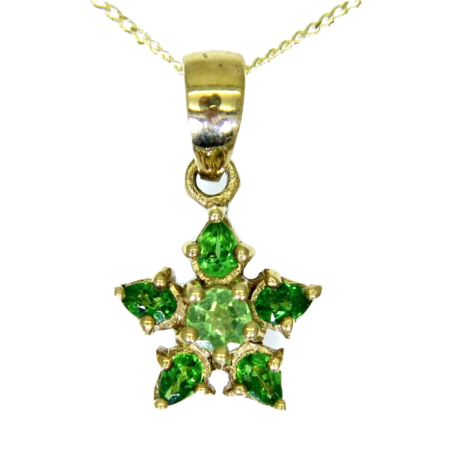 Chrom Diopside & Peridot Blüten Cluster 9Ct Gelbgold Anhänger 18" + Kette von AlisonsVintageGems