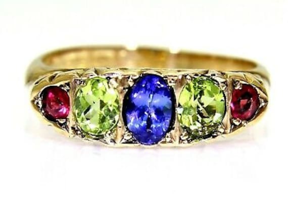 Edwardian Rubellit Peridot Tansanit 9Ct Gelbgold Ring Größe P ~ 7 3/4 von AlisonsVintageGems