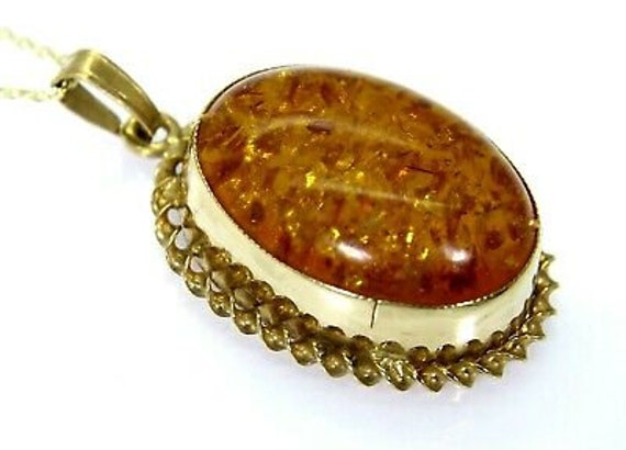 Große Bernstein Cabochon 9Ct Gelbgold Anhänger + 18" Kette von AlisonsVintageGems