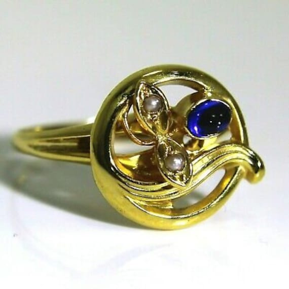 Jugendstil Floral Sapphire Pearl 14K 14Ct Gelb Gold Conversion Ring L ~ 5 3/4 von AlisonsVintageGems