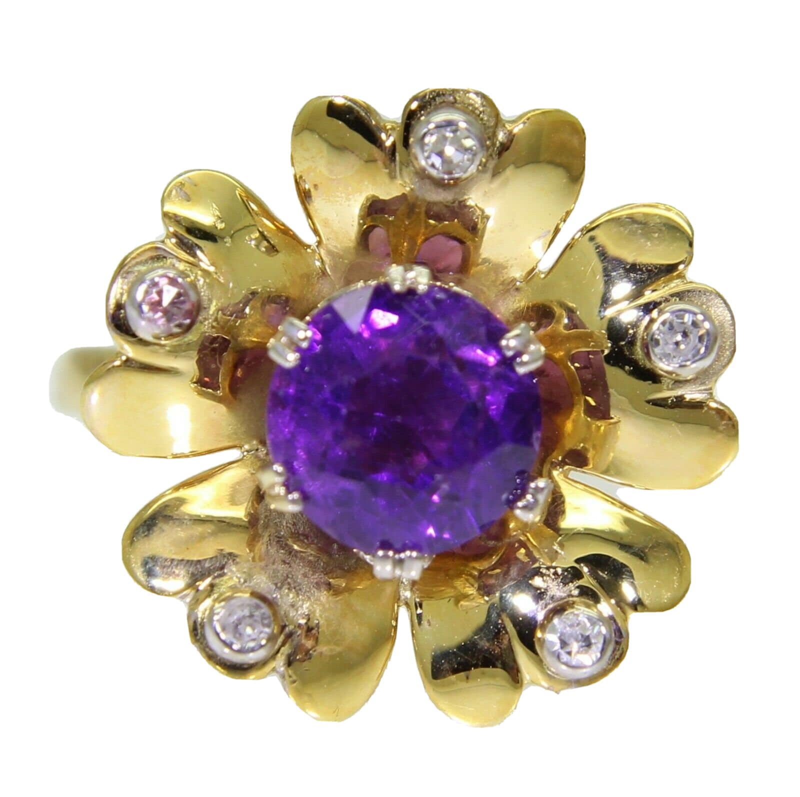 Maßgeschneiderter Amethyst & Diamant Blume 9Ct Gelbgold Ring Gr. J 1/2 ~ 5 von AlisonsVintageGems