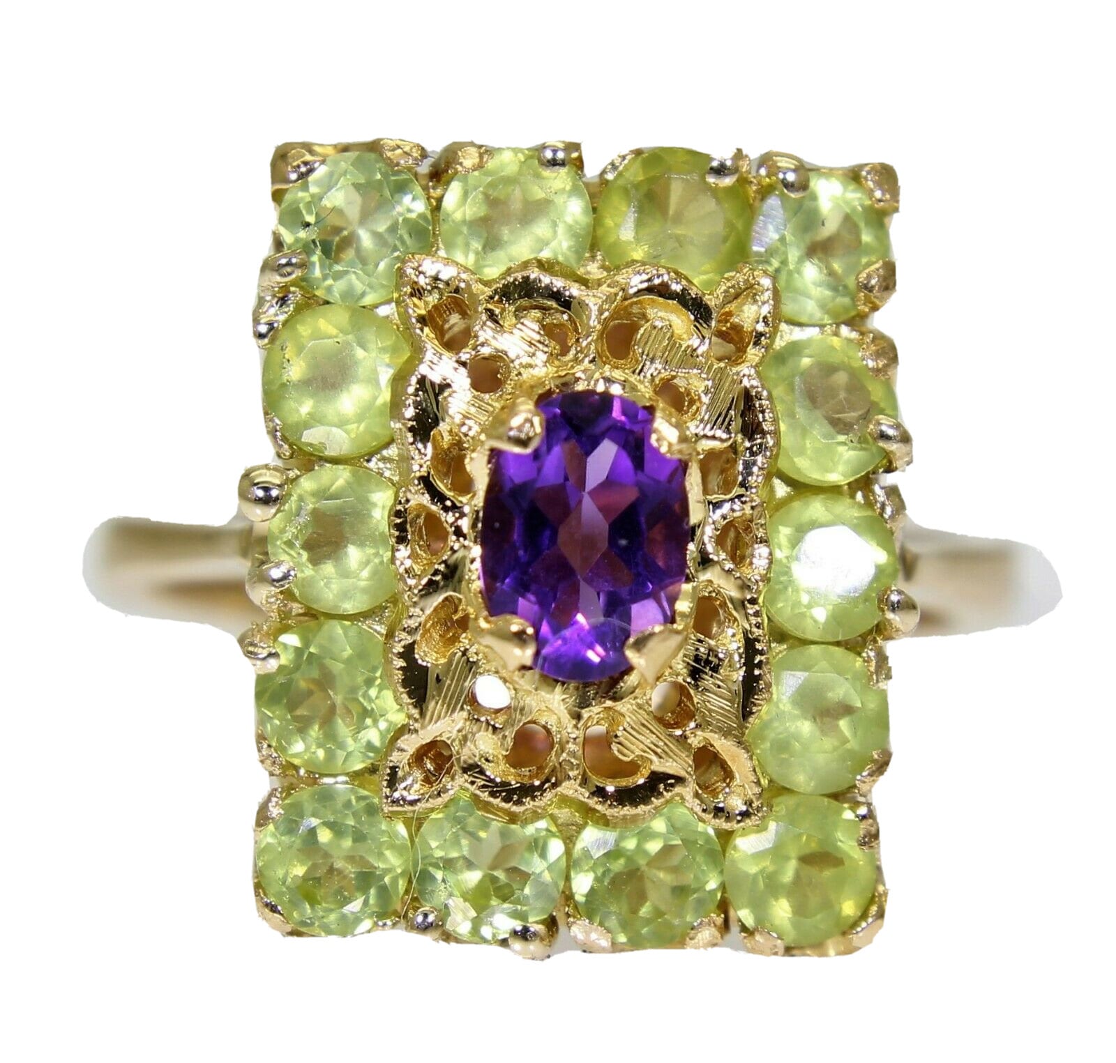 Schwerer Vintage Peridot & Amethyst 18Ct Gelbgold Ring Größe K ~ 5 1/4 von AlisonsVintageGems