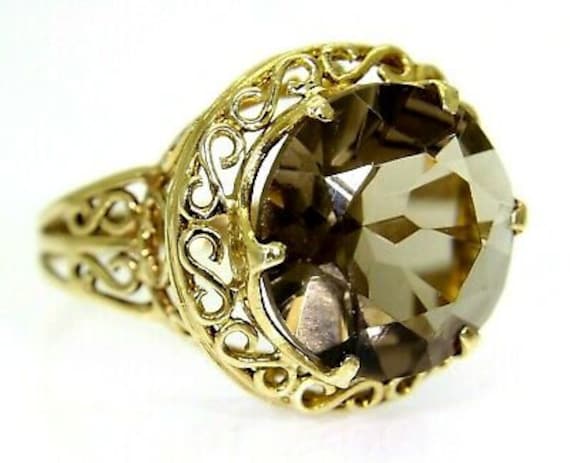 Vintage Riesiger Rauchquarz 9Ct Gelbgold Filigran Ring Größe S ~ 9 1/4 von AlisonsVintageGems