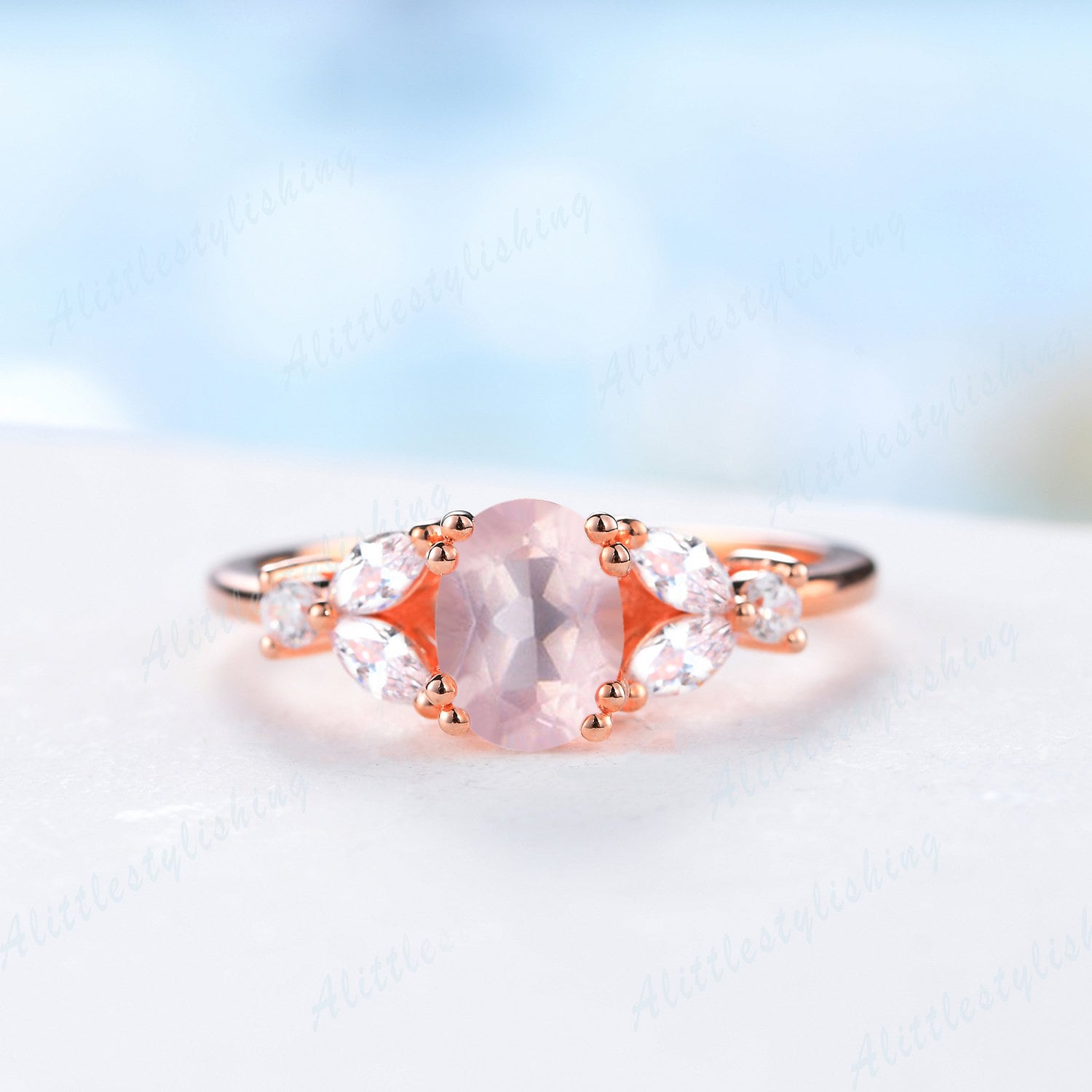 14K Rose Gold Rosenquarz Ring, 10K Weißgold Verlobungsring, Sterling Silber Versprechen Brautring von Alittlestylishing