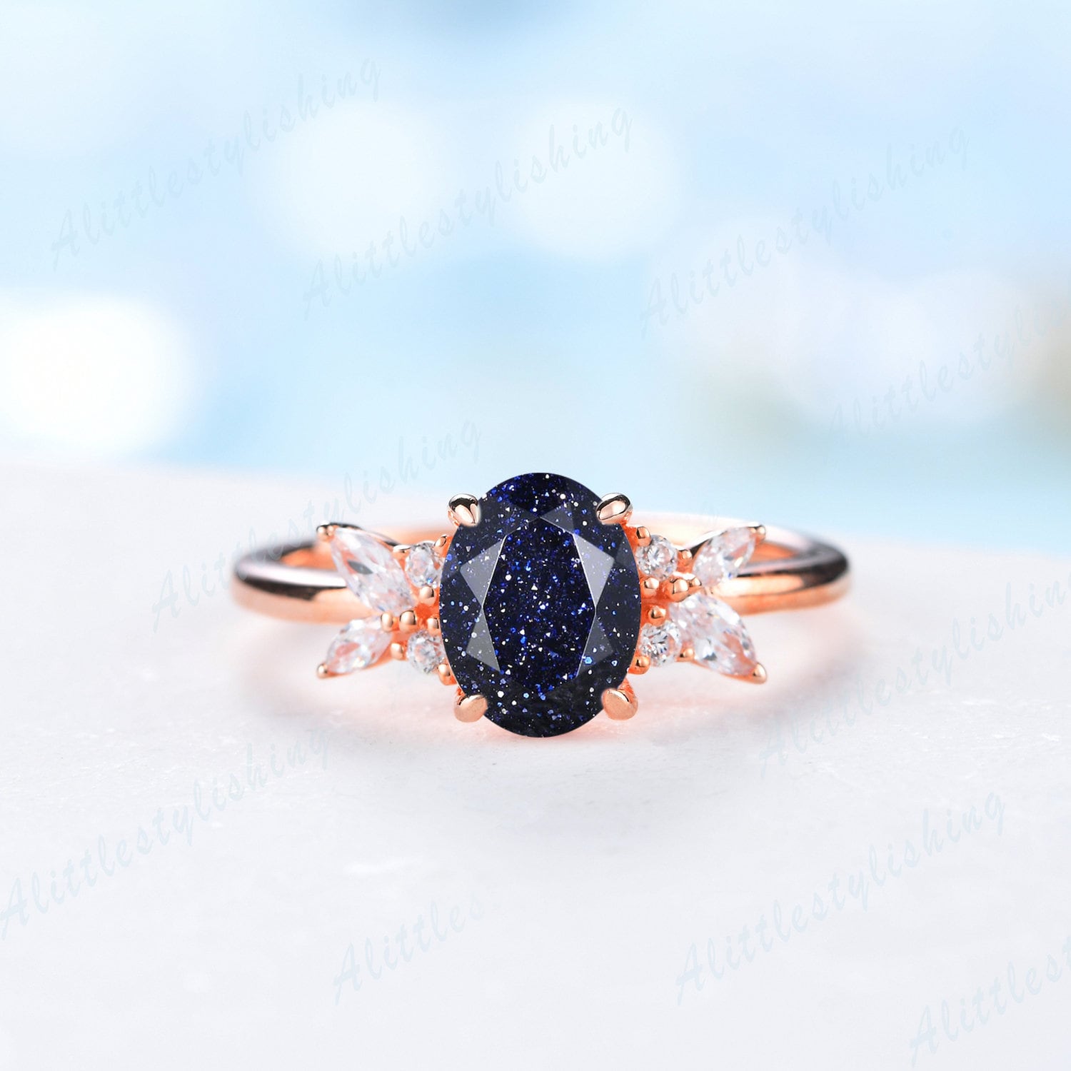 14K Rose Gold Zierlicher Verlobungsring Oval Blau Sandstein Ring Vintage Hochzeit Brautring Art Deco Frau Floral Versprechen Jahrestag von Alittlestylishing