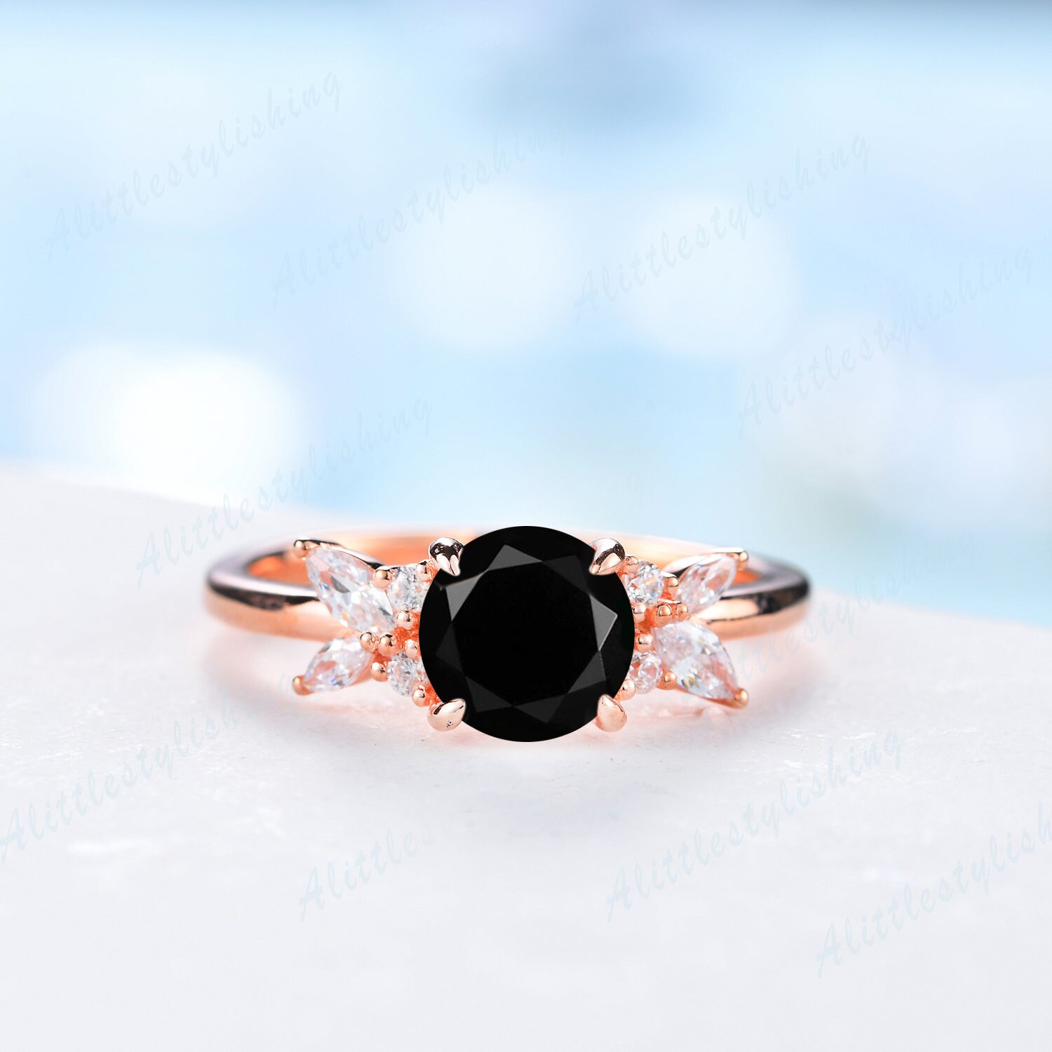 18K Rose Gold Schwarzer Onyx Verlobungsring, Vintage Blumen Ehering, Moissanite Versprechen Ring, Dezember Geburtsstein, Brautring von Alittlestylishing