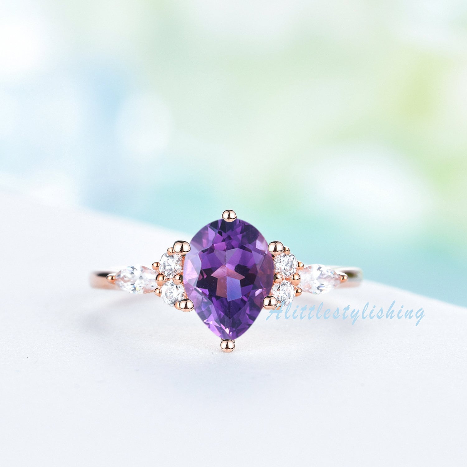 Amethyst Verlobungsring Birne Lila Ring Vintage Marquise Moissanit Cluster Rose Gold Frau Ehering von Alittlestylishing