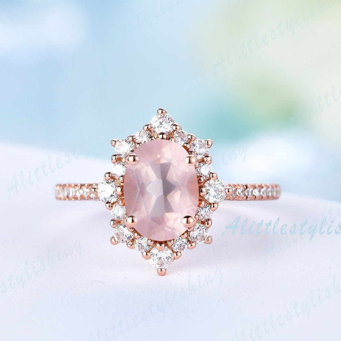 Antiker Blumen Rosenquarz Ring Vintage Oval Verlobungsring Unikat Moissanit Roségold Eternity Ehering Frau Quarz Schmuck von Alittlestylishing