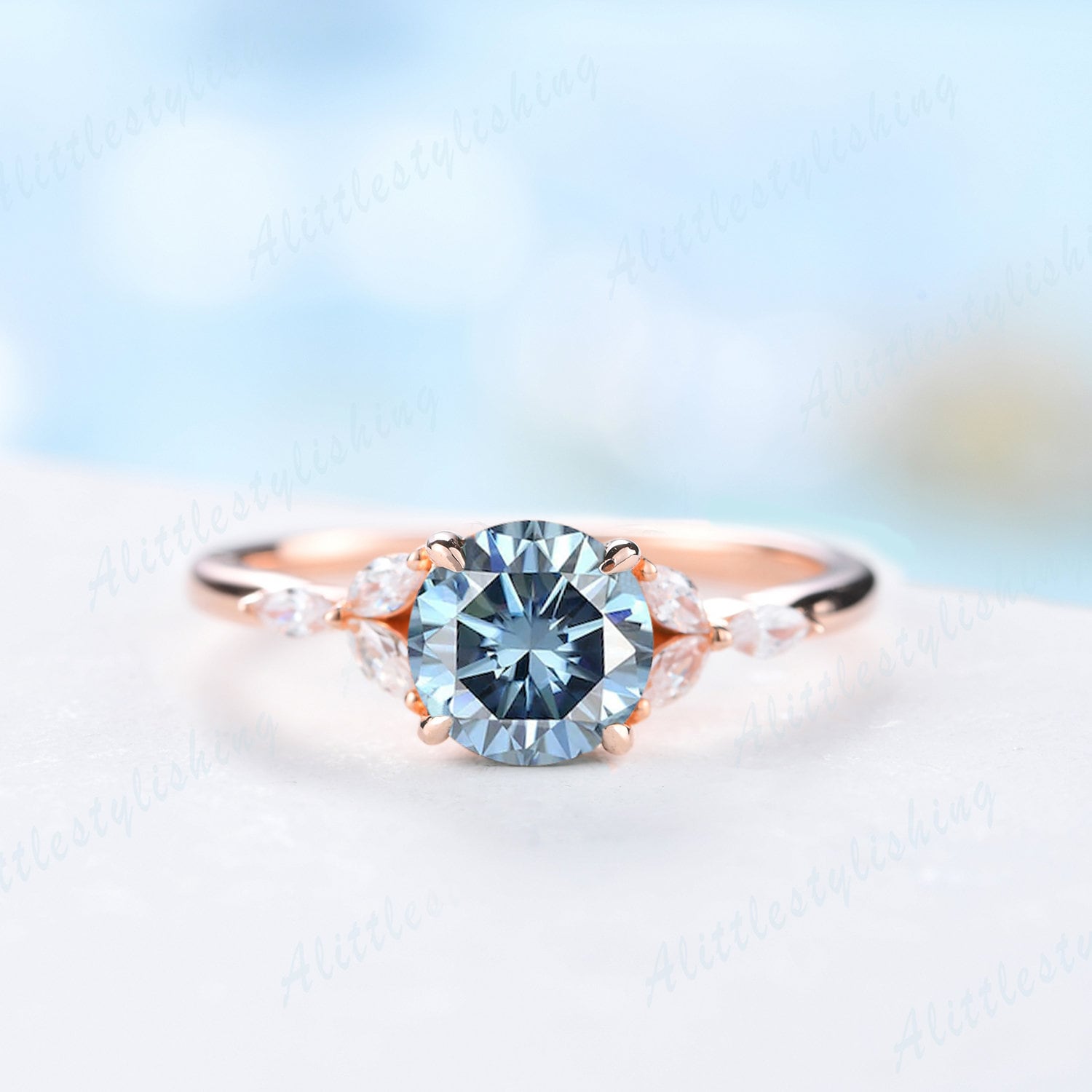 Art Deco Blau Grau Moissanit Verlobungsring Vintage Rund Schliff Marquise Cut Ring Unikat Zierlicher Hochzeitsring Jahrestag von Alittlestylishing