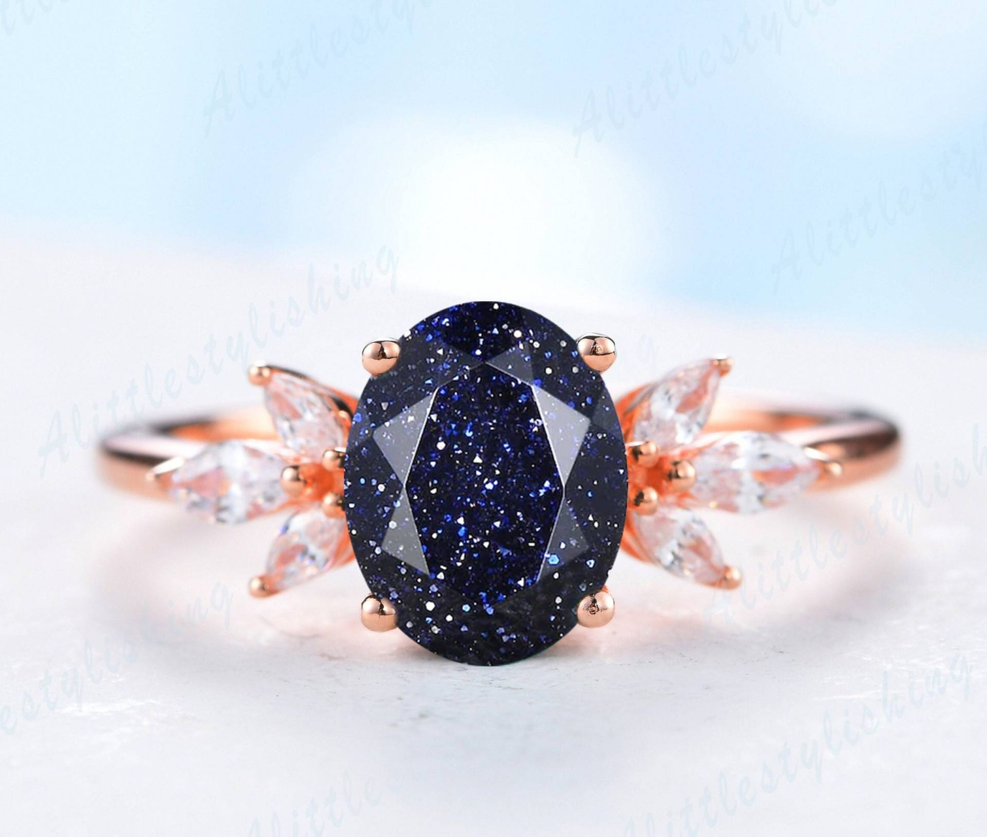 Art Deco Blauer Sandstein Verlobungsring Rosegold Vintage Oval Galaxie Ring Einzigartige Marquise Blume Ehering Versprechen Jahrestag von Alittlestylishing