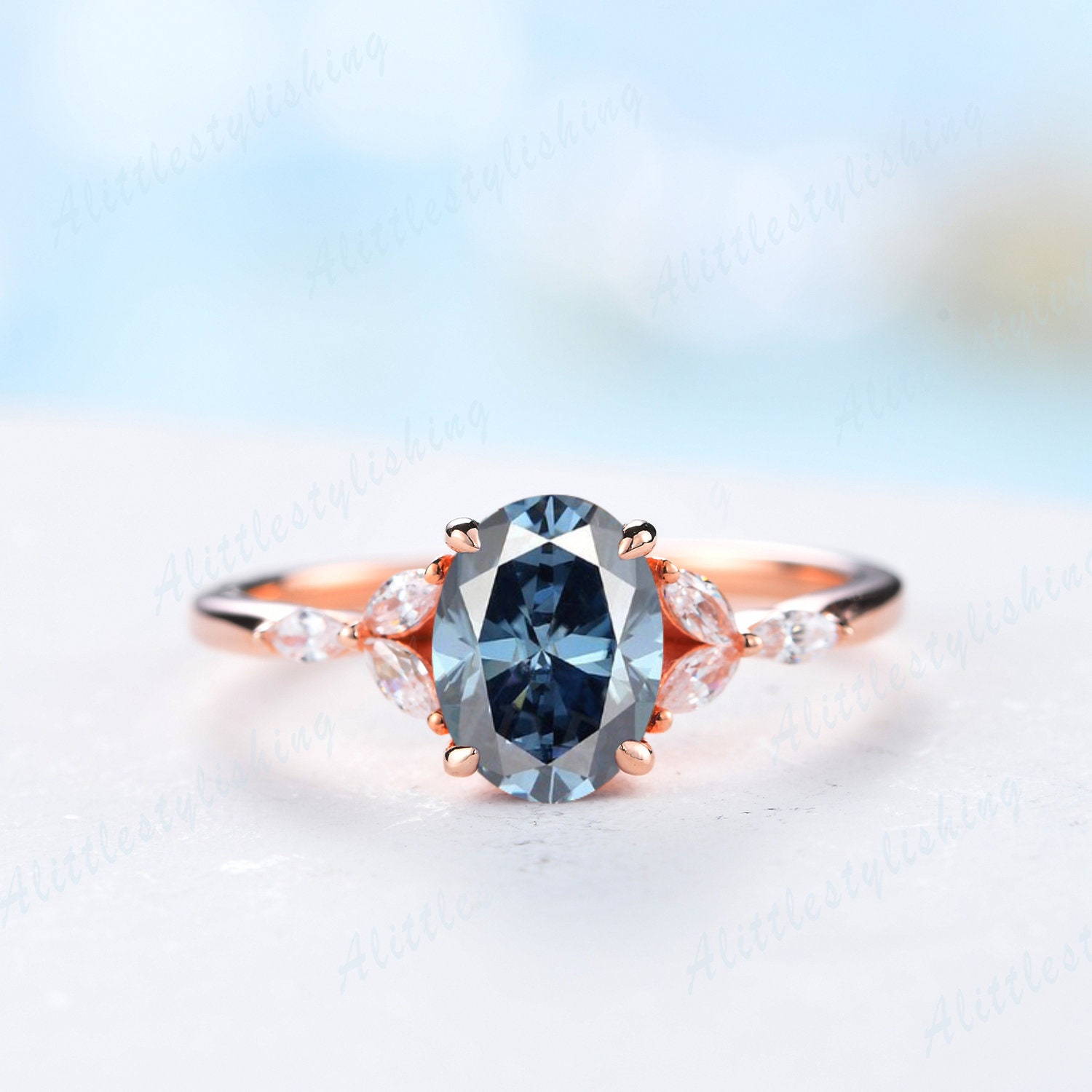 Moissanite Ring Art Deco, Blauer Verlobungsring, Marquise Design Blattring, Grauer Farbedelstein Versprechensring von Alittlestylishing