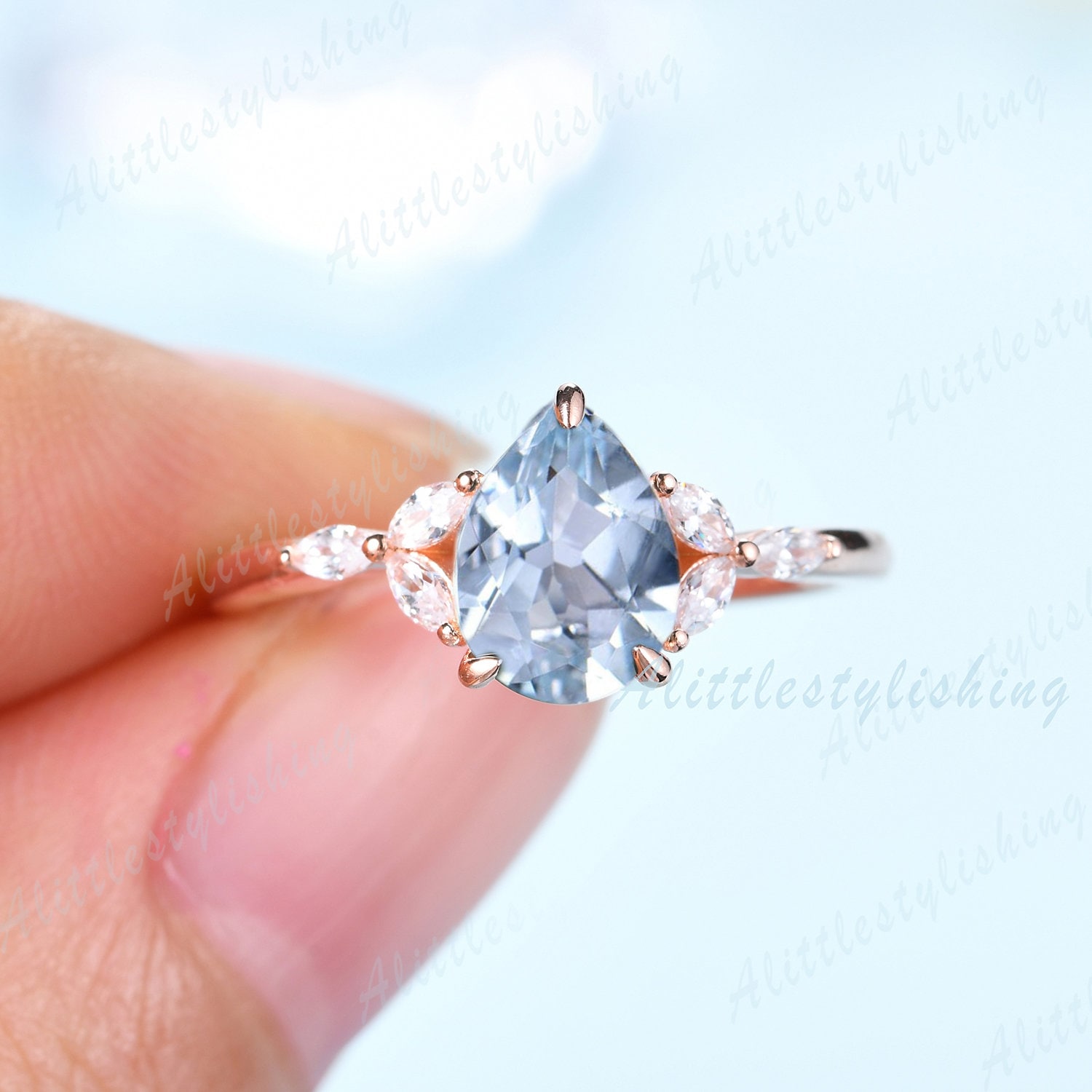 Birnenförmiger Aquamarin Verlobungsring Schmuck Marquise Moissanit Ring Infinity Ehering Unikat Jahrestagsring Braut Geschenk von Alittlestylishing