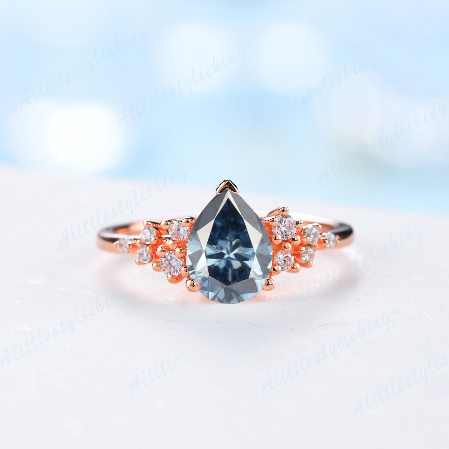 Birnenform Blau Grau Moissanit Verlobungsring Vintage Cluster Ring Unikat Jahrestag Schmuck Für Frauen Zierliche Hochzeit Versprechen von Alittlestylishing