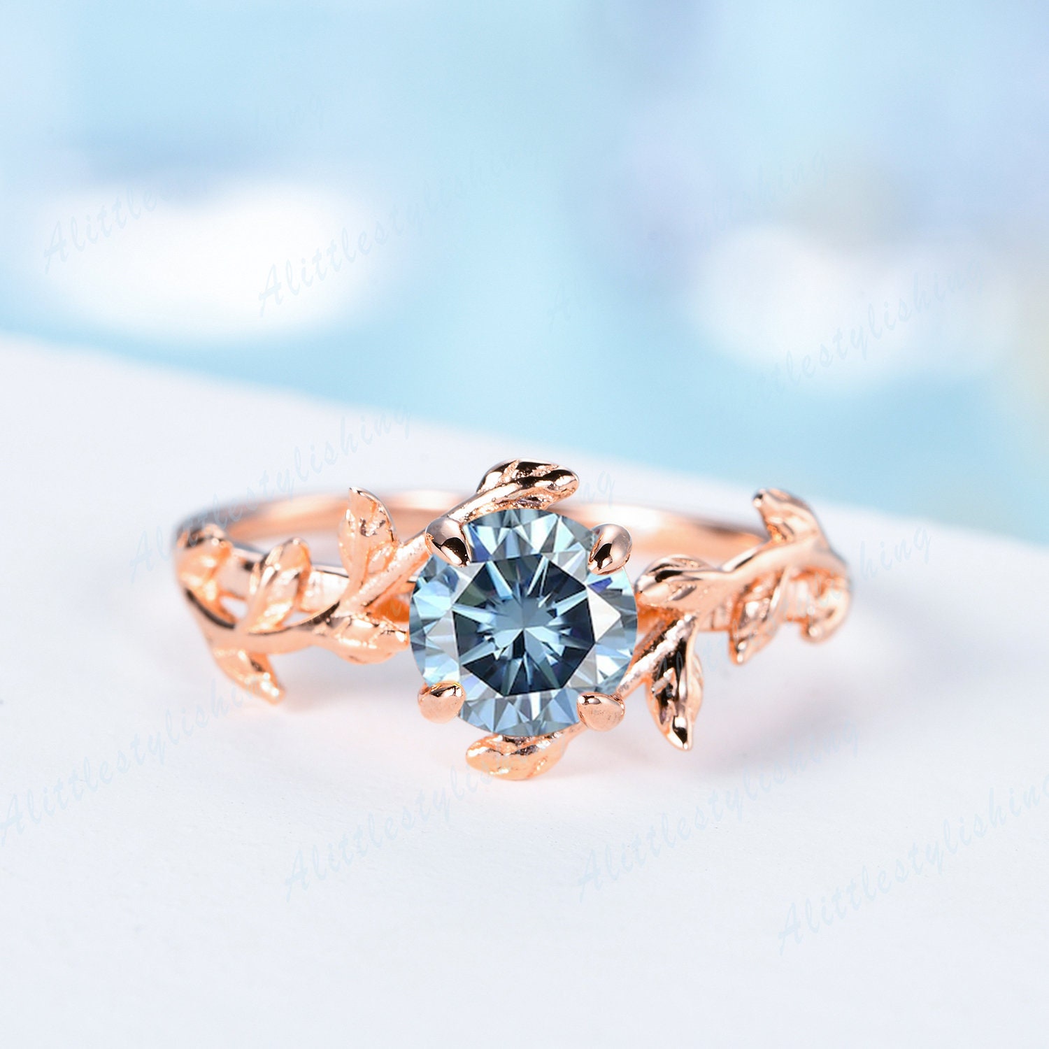 Blau Grauer Moissanit Ring, Vintage Antik Verlobungsring, Massiver Rosegold Einzigartiger Blatt Weinstock Frau Versprechen Jahrestag Ring Geschenk von Alittlestylishing