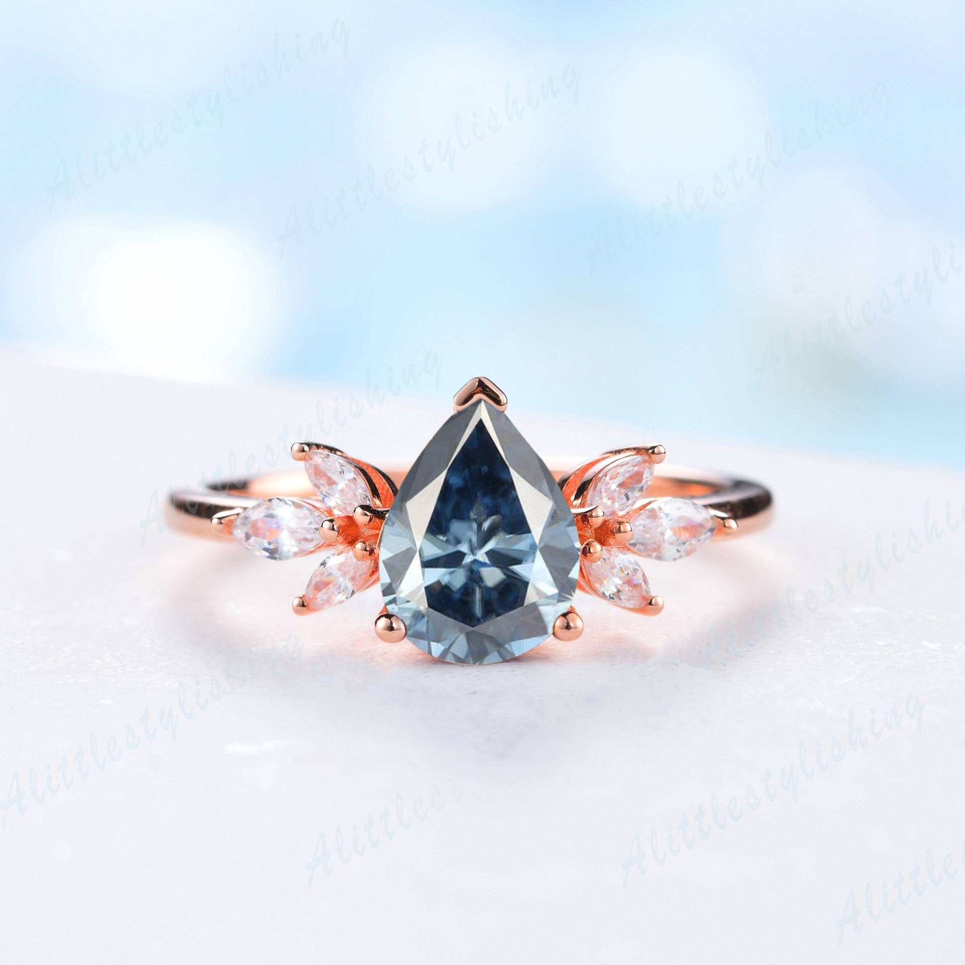 Blaugrauer Moissanit-Verlobungsring Aus Roségold, Blauer Moissanit-Ring Im Birnenschliff, Moissanit-Ehering Marquise-Schliff, Einzigartiger von Alittlestylishing