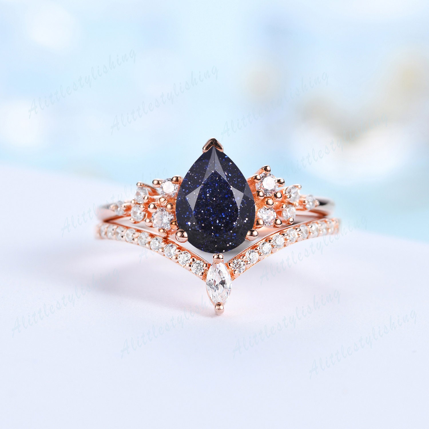 Blauer Sandstein Verlobungsring Set Birnenschliff Rosegold Ring Vintage Braut Unikat Kurve Ehering Antik Galaxy von Alittlestylishing