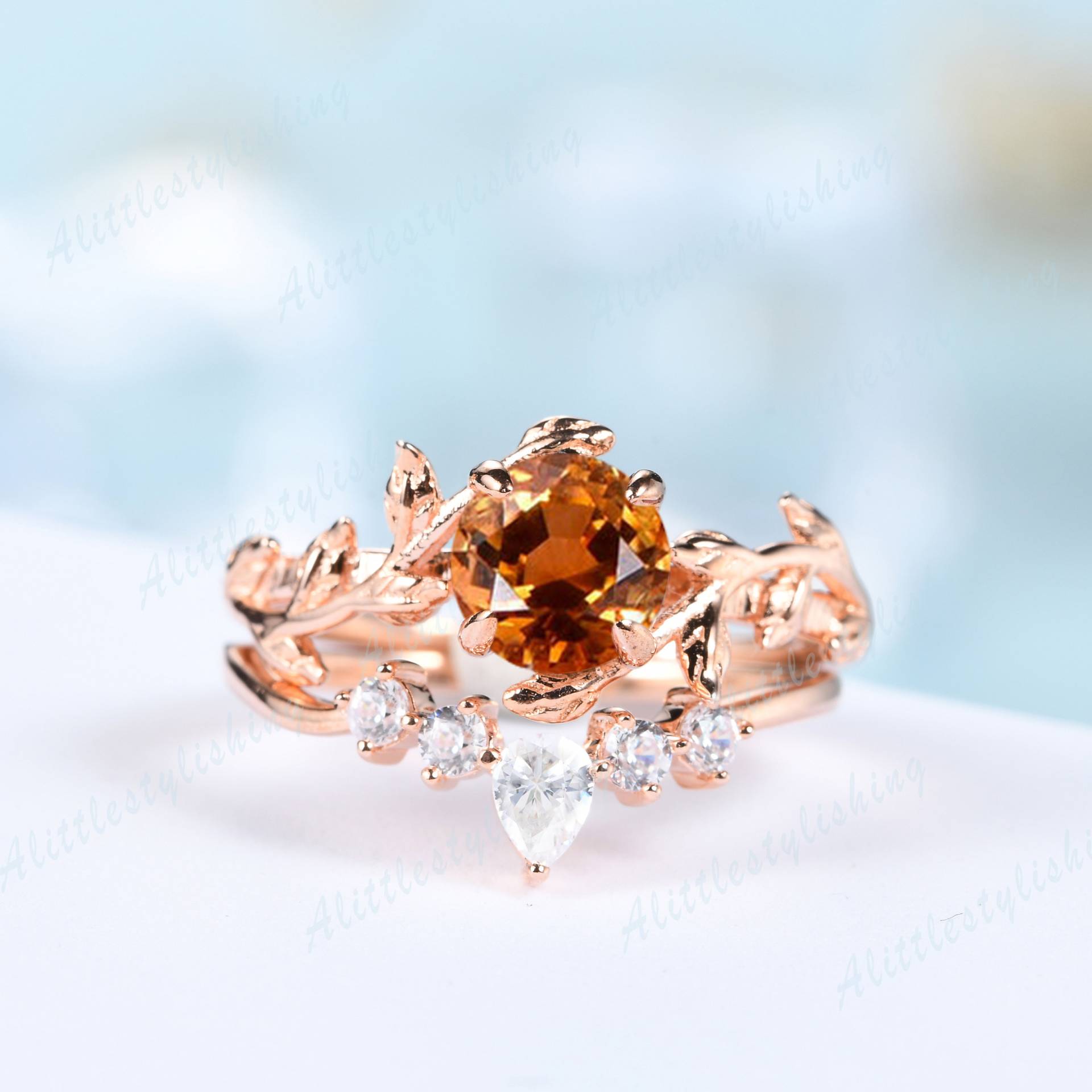 Citrin Verlobungsring Set, Vintage Ehering Roségold Ring Antik Blatt Stapelringe Für Frauen, Versprechen Set von Alittlestylishing