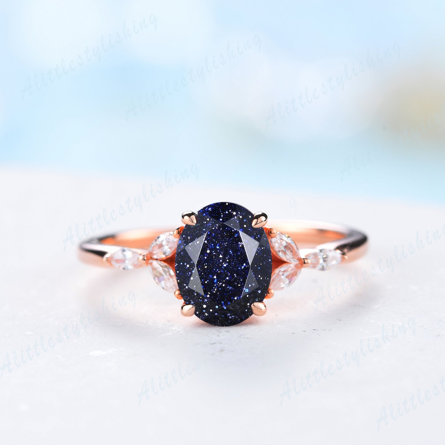 Einzigartige Galaxie Heilung Oval Blauer Sandstein Verlobungsring Art Deco Moissanite Ehering Versprechen Ring Jahrestagsgeschenk Weltraum von Alittlestylishing