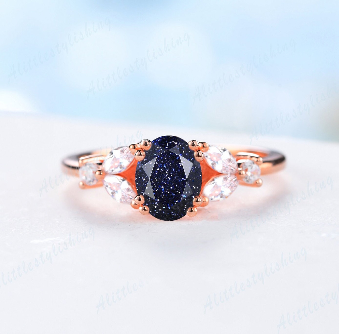 Einzigartiger Ovaler Blauer Sandstein Verlobungsring Art Deco Ring Galaxy Heilung Versprechen Jahrestagsgeschenk Weltraum von Alittlestylishing