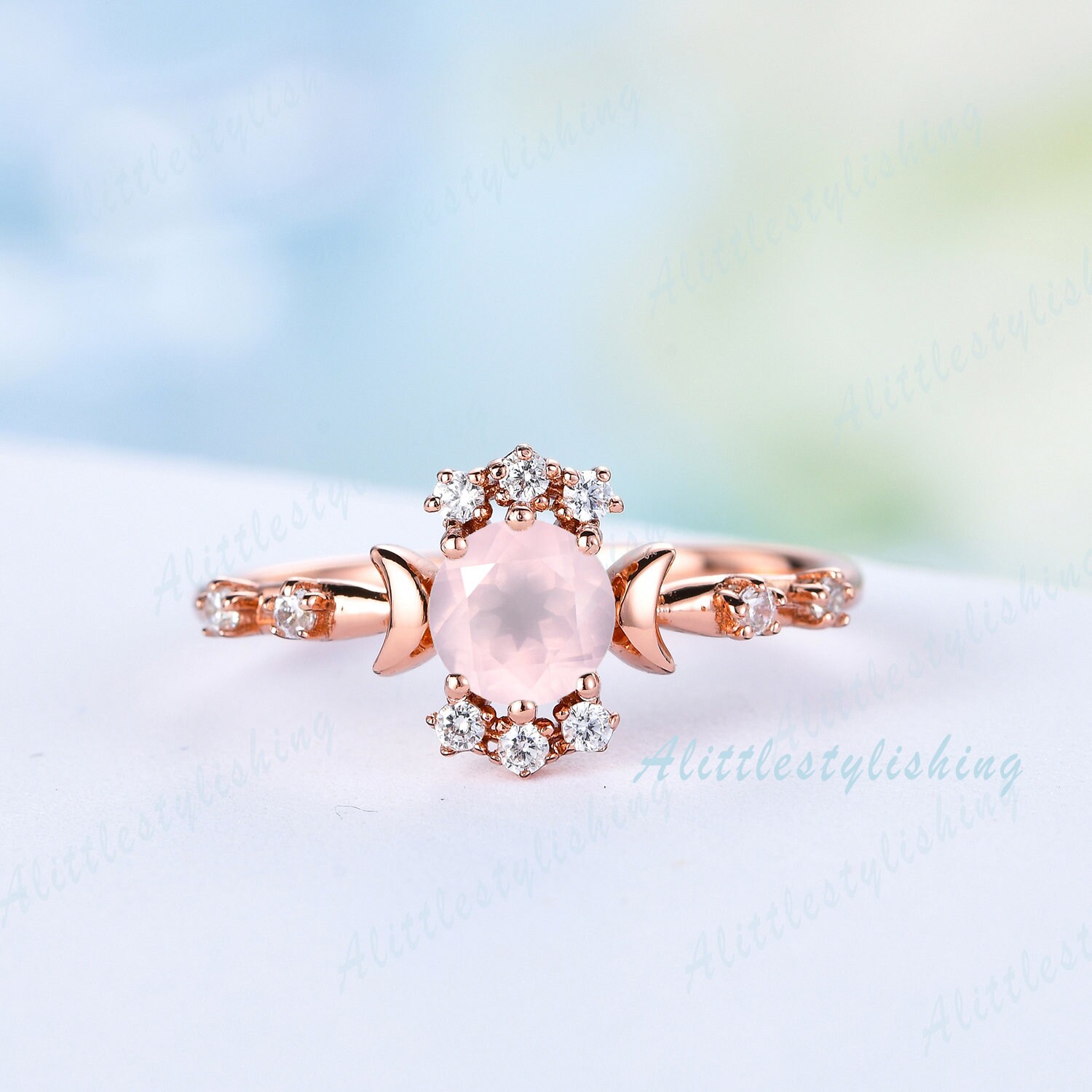 Einzigartiger Rosenquarz Verlobungsring Rosegold Zierliche Mond Ring Stern Vintage Frau Art Deco Antik Versprechen Braut von Alittlestylishing