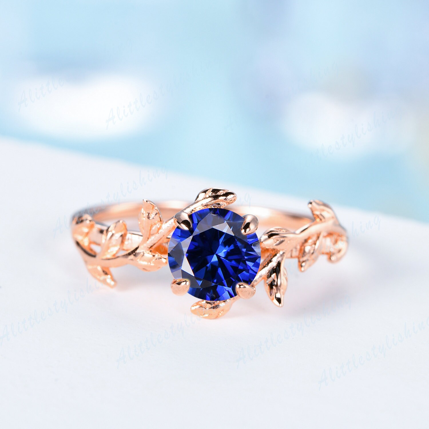 Einzigartiger Saphir Verlobungsring 1Ok Rose Gold Blau Solitär Ring Antik Blatt Frau Braut Hochzeit Versprechen Jahrestag Geschenk von Alittlestylishing