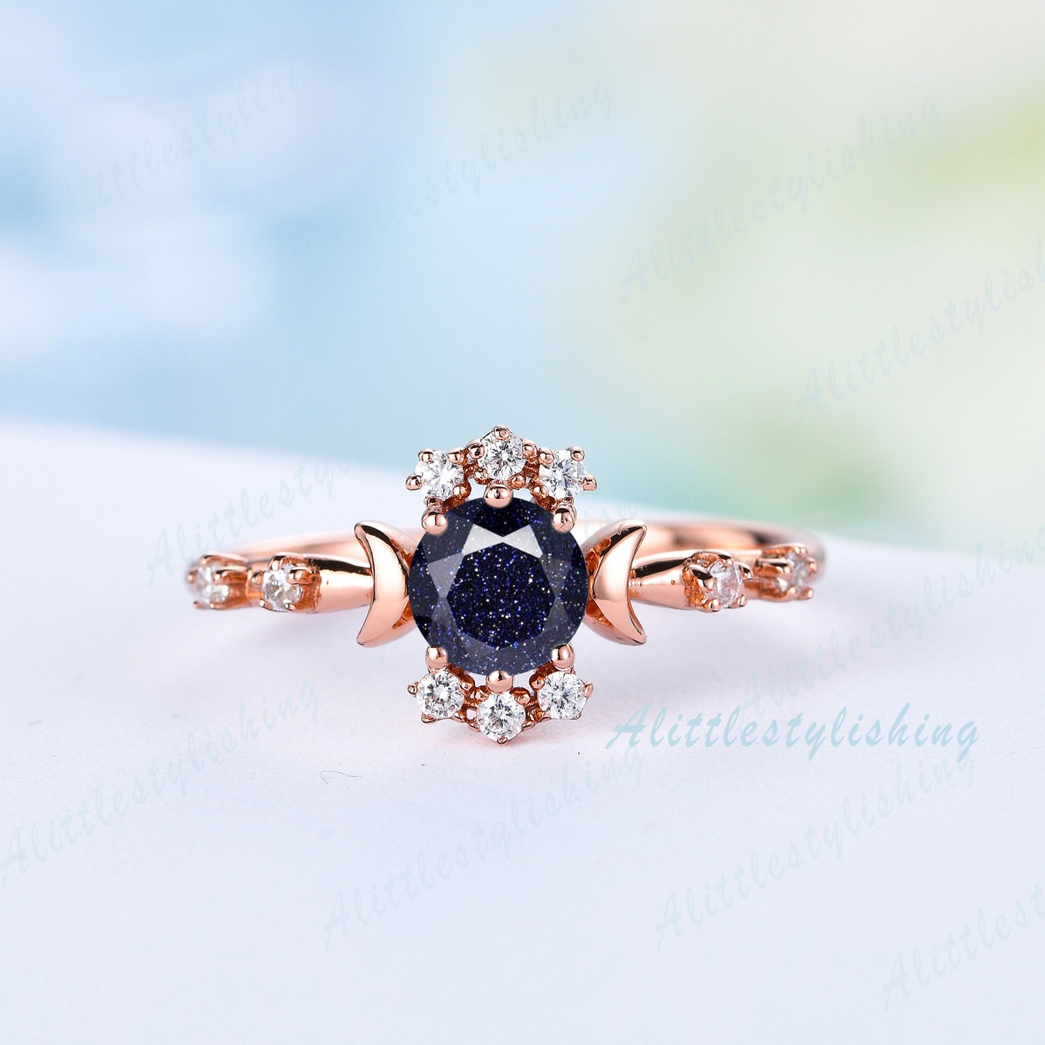 Einzigartiger Stern Blau Galaxie Ring Rose Gold Sandstein Verlobungsring Sterling Silber Vintage Mondstein Frau Versprechen Jahrestag von Alittlestylishing