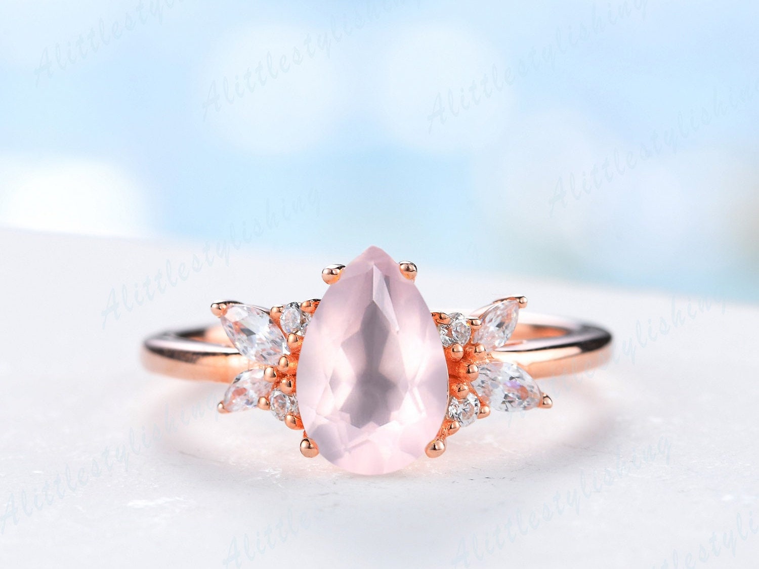 Einzigartiger Verlobungsring Rosegold Rosenquarz Ring Vintage Birnenförmiger Hochzeit Brautring Marquise Moissanit Versprechensring von Alittlestylishing