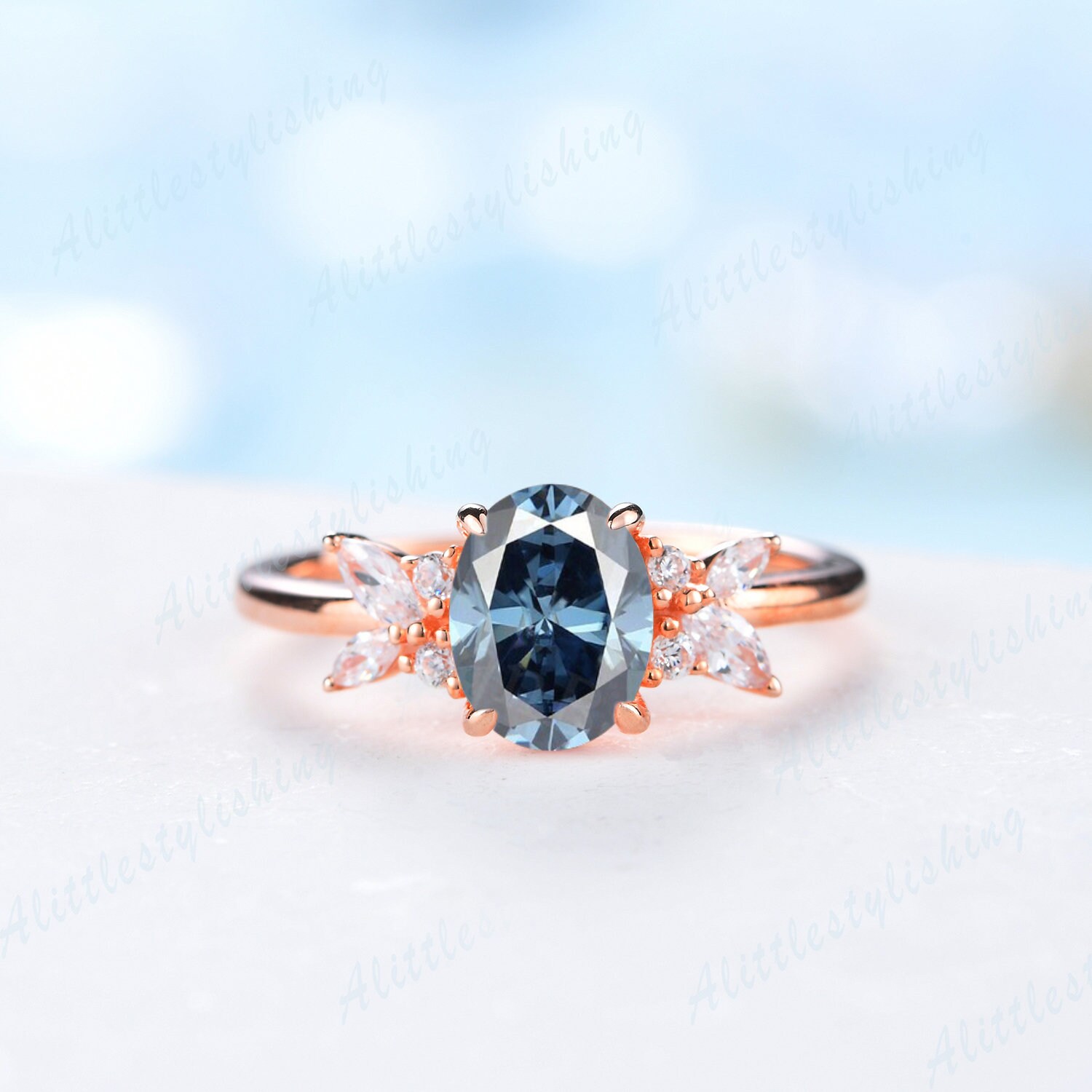 Graublauer Moissanit-Verlobungsring, Ovaler Schliff, Marquise-Schliff, Einzigartiger Roségold-Ring, Vintage-Moissanit-Diamant, Braut-Ehering von Alittlestylishing