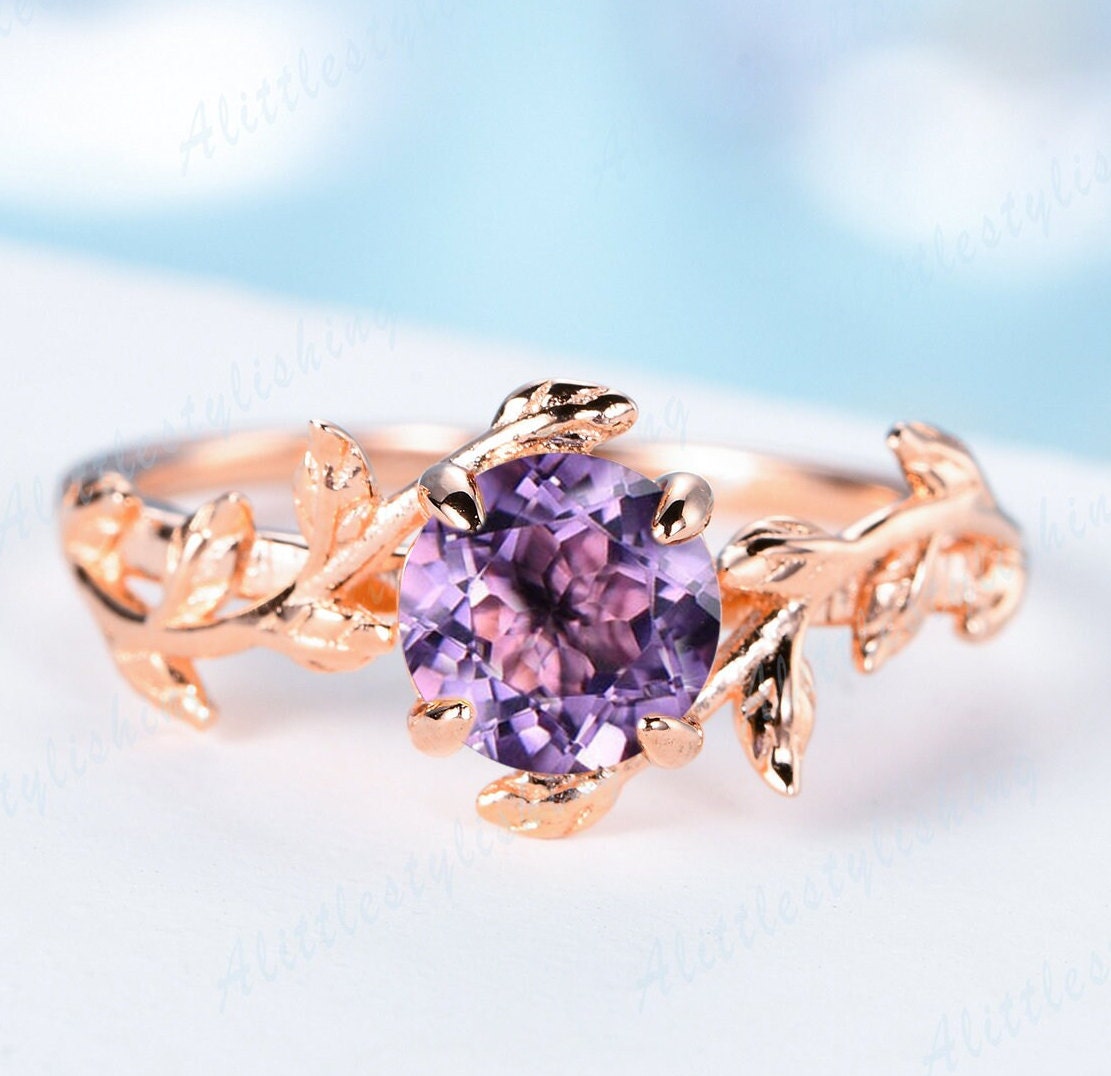 Lila Amethyst Verlobungsring Rose Gold Ring Vintage Blatt Für Frau Antik Zweig Rebe Solitär Versprechen von Alittlestylishing