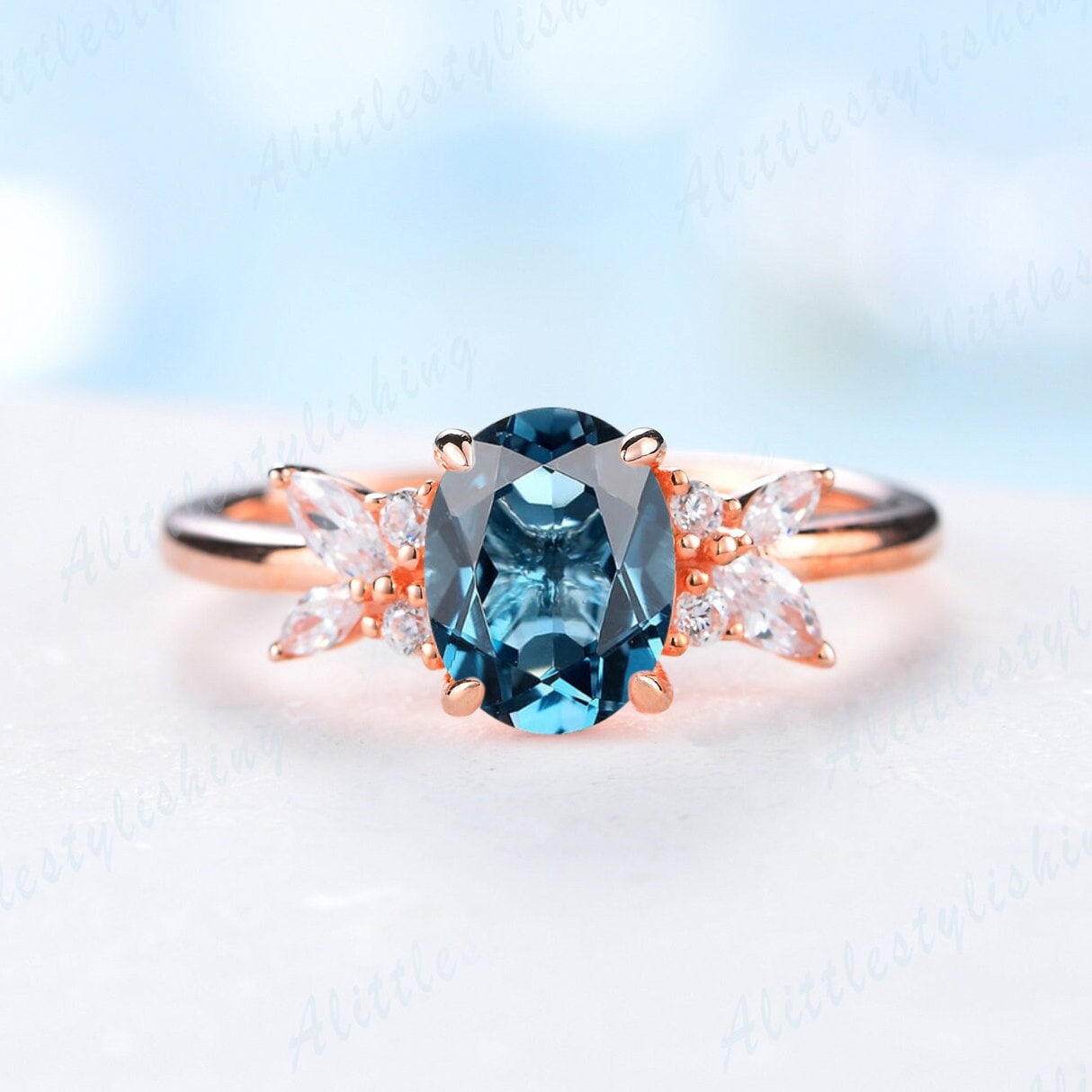 London Blautopas Verlobungsring Topas Oval Ehering Art Deco Ring Frau Moissanit Blume Jahrestag Geschenk von Alittlestylishing