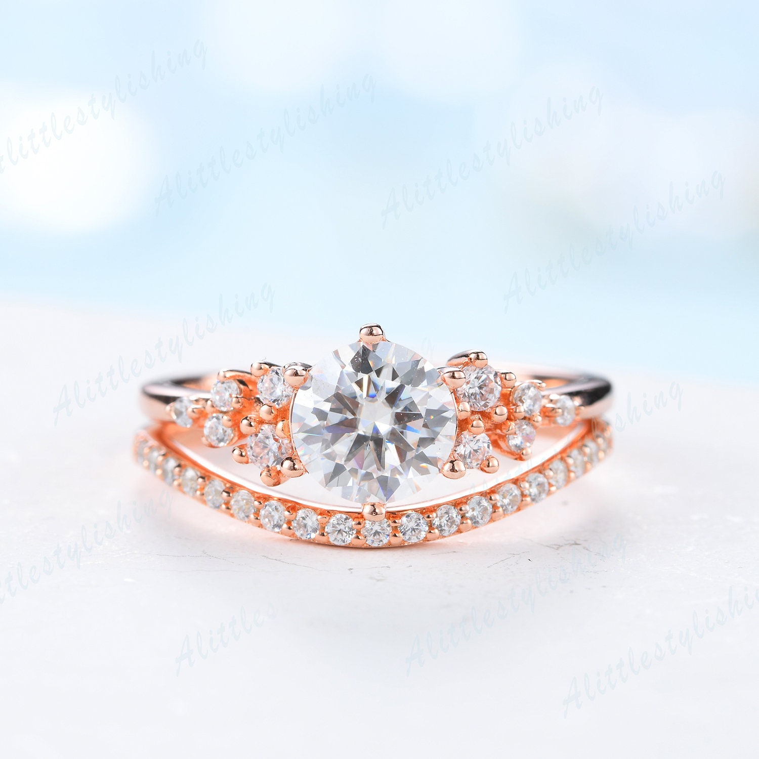 Moissanite Verlobungsring Set Vintage Ehering Kurve Hochzeit Band Eternity Ring Rose Gold Braut Jahrestag Geschenke von Alittlestylishing