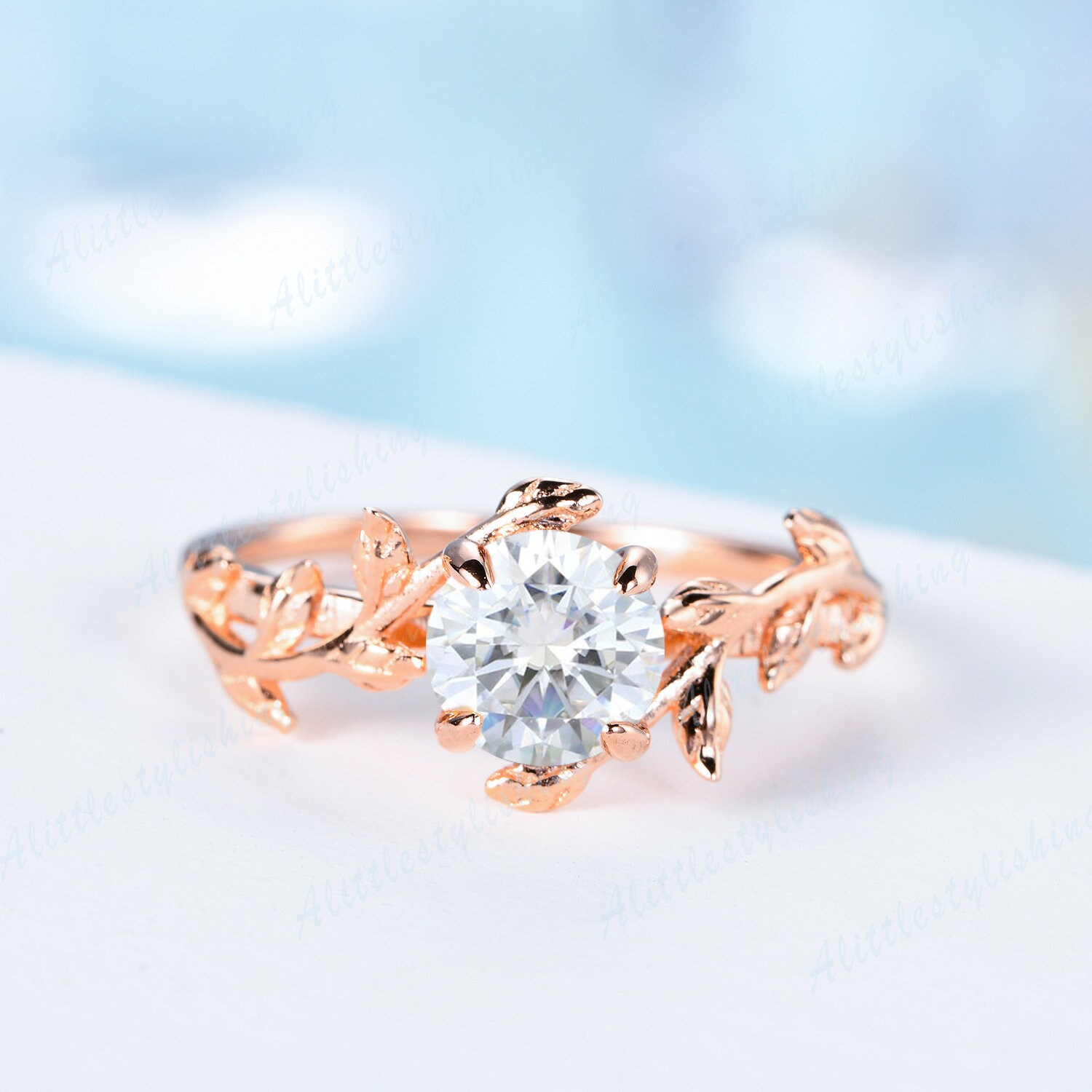 Moissanit Verlobungsring Unikat Blatt Zweig Rose Gold Weinrebe Hochzeit Brautring Solitär Versprechen Jahrestag Schmuck von Alittlestylishing