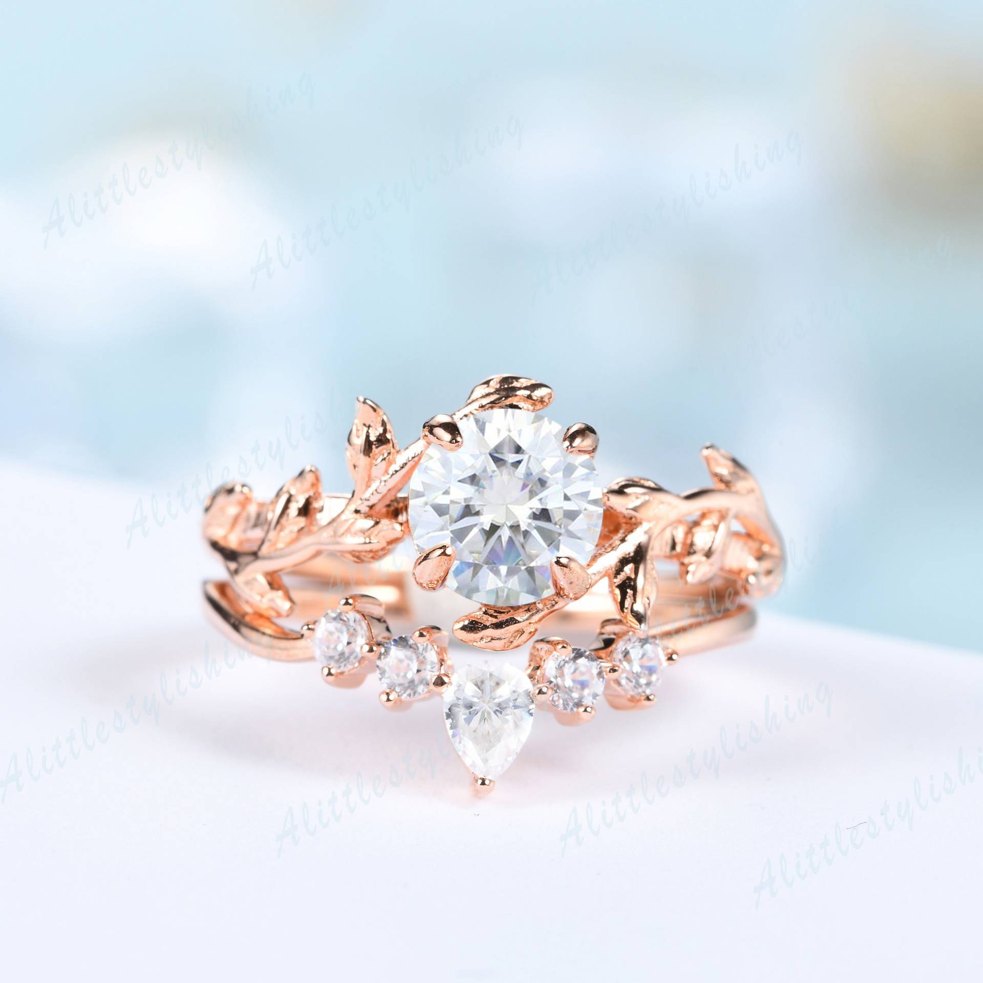 Moissanite Versprechen Ring Set Für Sie Vintage Zweig Verlobungsringe Frauen Rose Gold Gebogen Stapelringe Jahrestag Geschenke von Alittlestylishing