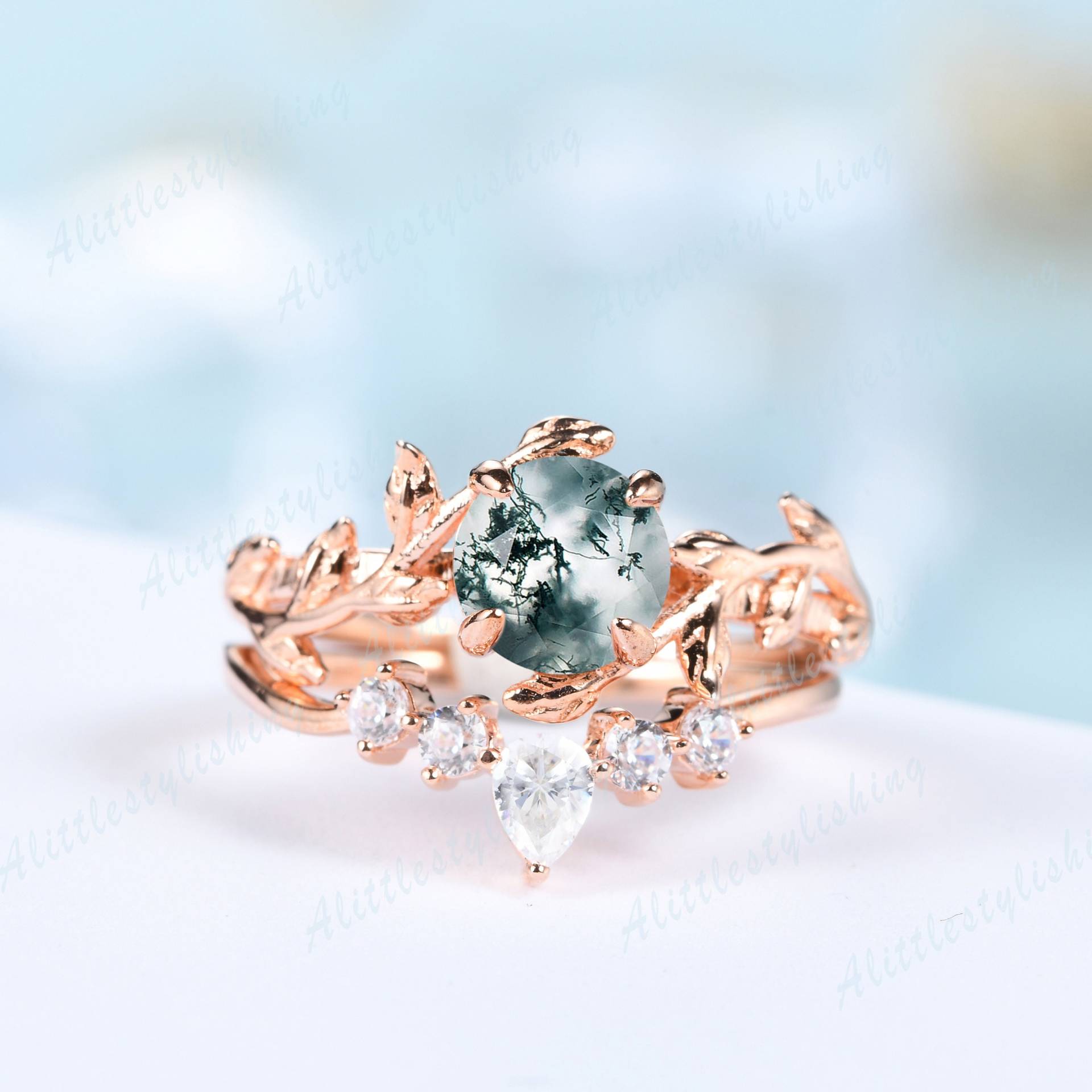 Moosachat Verlobungsringe Für Frauen Vintage Set Unikat Zweig Blatt Ring 14K Rose Gold Grün Achat Hochzeit Braut von Alittlestylishing