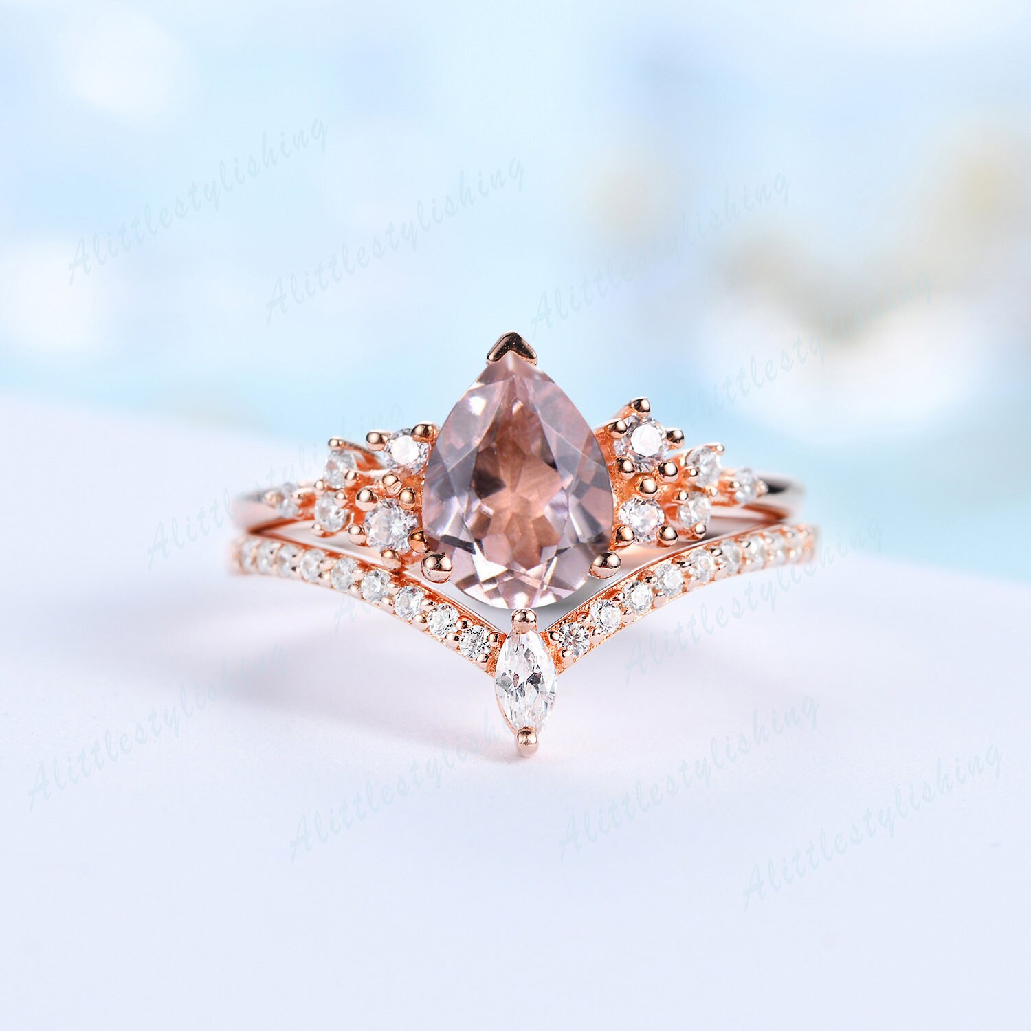 Morganit Verlobungsringe Rosegold Birnenschliff Trauringe Set Marquise Kurve Eheringe Moissanit Cluster Brautset von Alittlestylishing