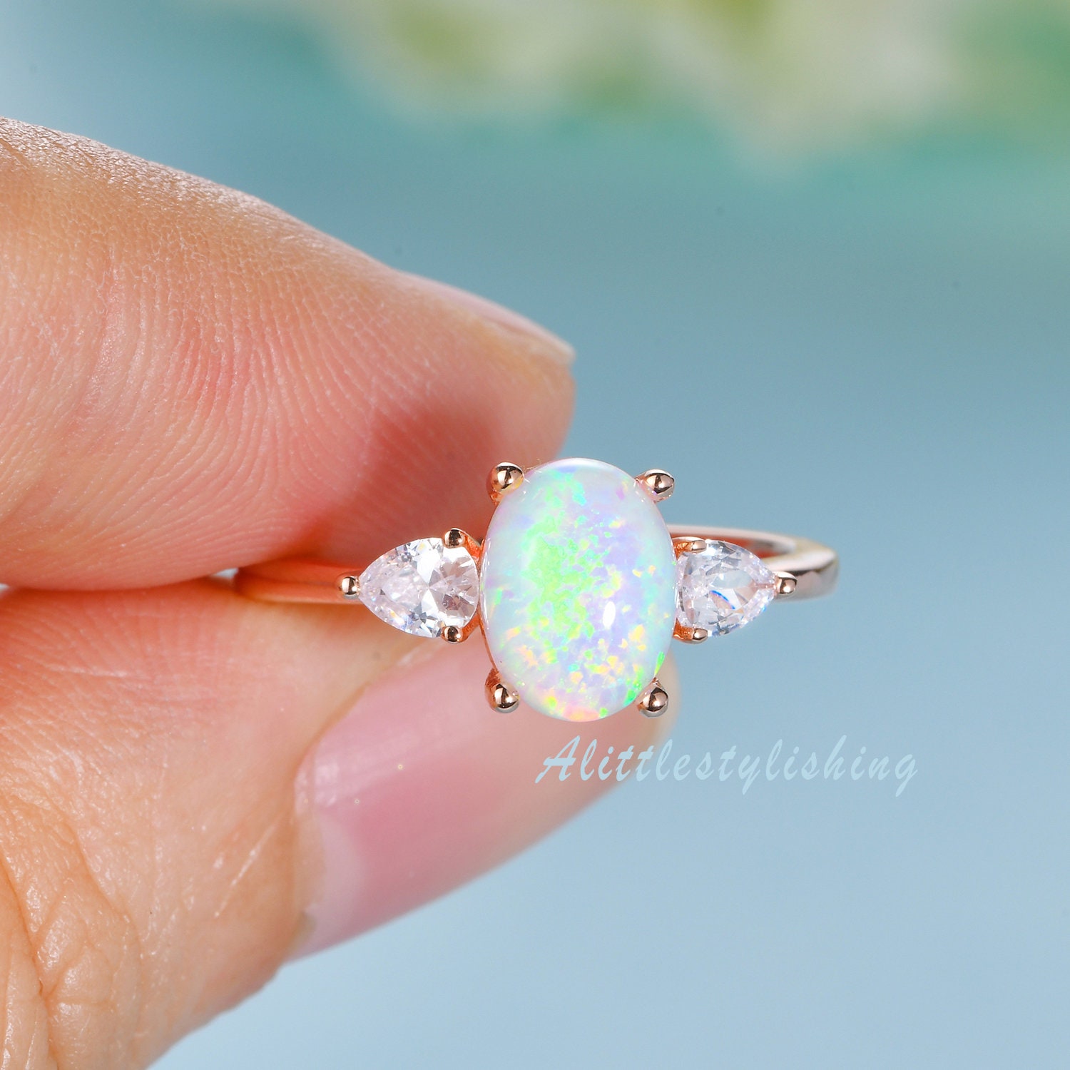 Opal Verlobungsring Für Frauen | Ring Sterling Silber Ring Oktober Geburtsstein Schmuck Drei Stein Moissanite von Alittlestylishing