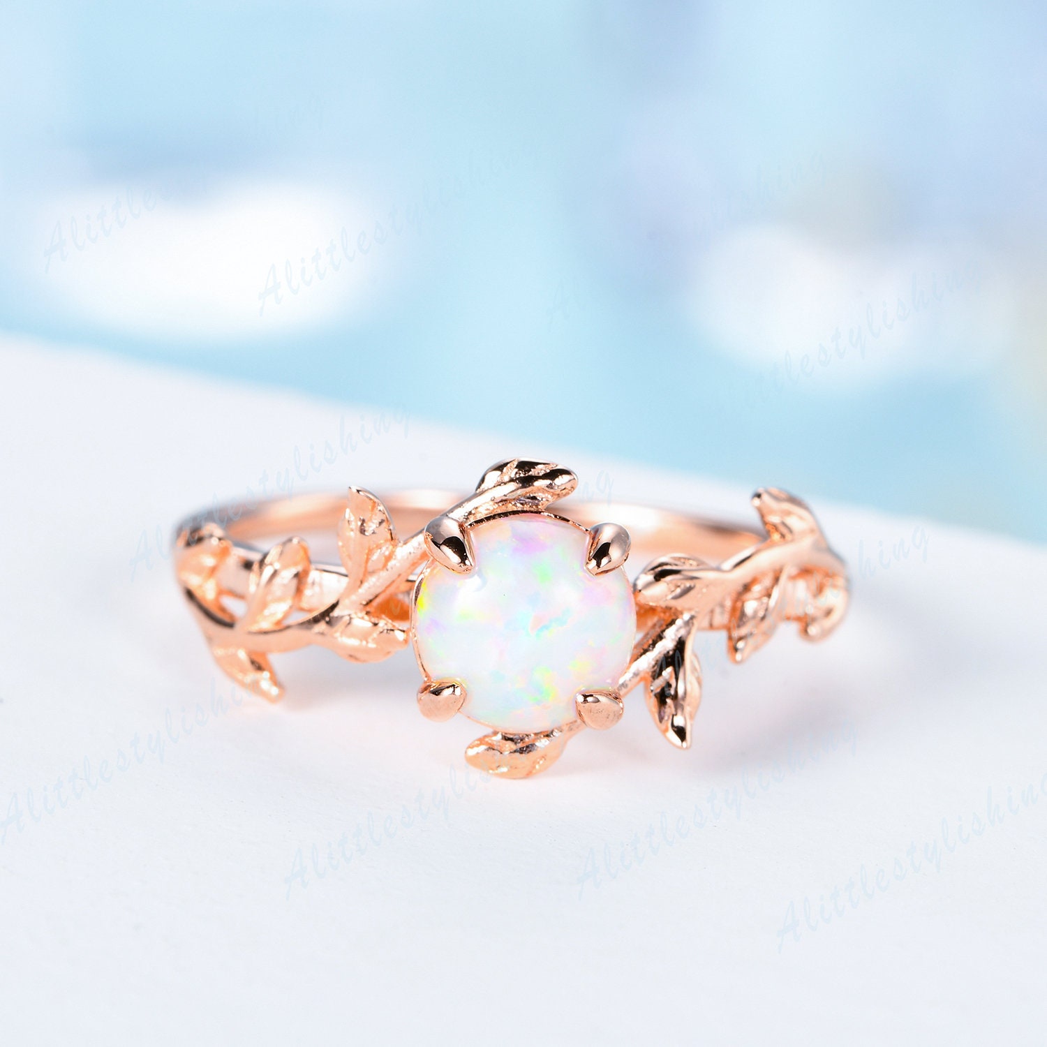 Opal Verlobungsring Rosegold Vintage Weinlaub Opalring Für Frauen Ehering Zweige Versprechen Ring Unikat Weißer Brautring von Alittlestylishing