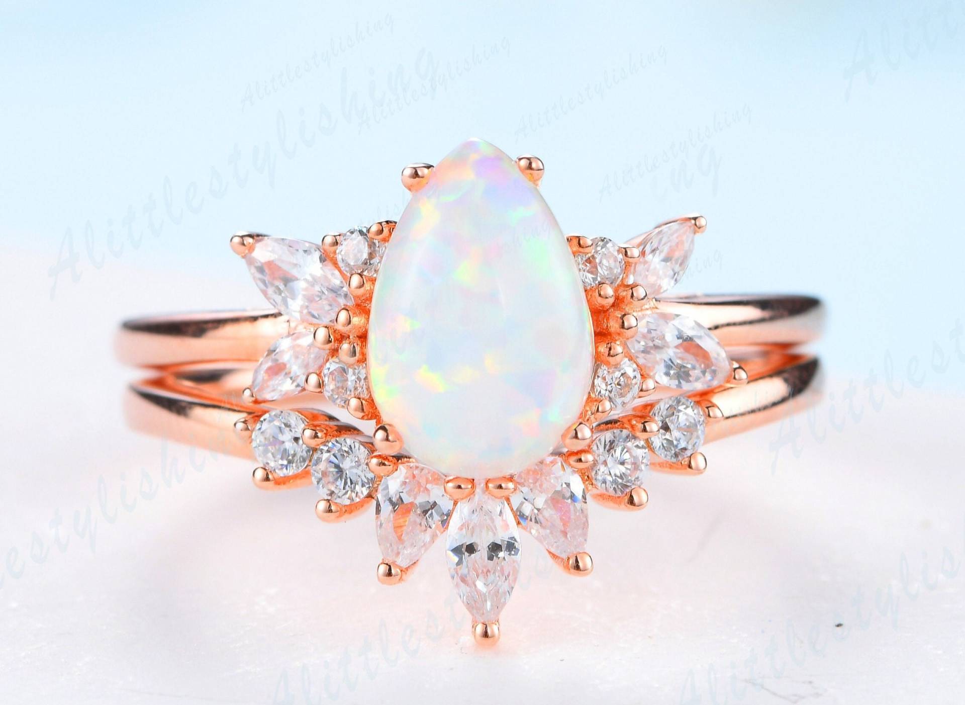 Opal Verlobungsring Set Vintage Ring Für Frau Einzigartig Kurve Trauring Marquise Moissanit Hochzeit Braut Versprechen Rosegold von Alittlestylishing