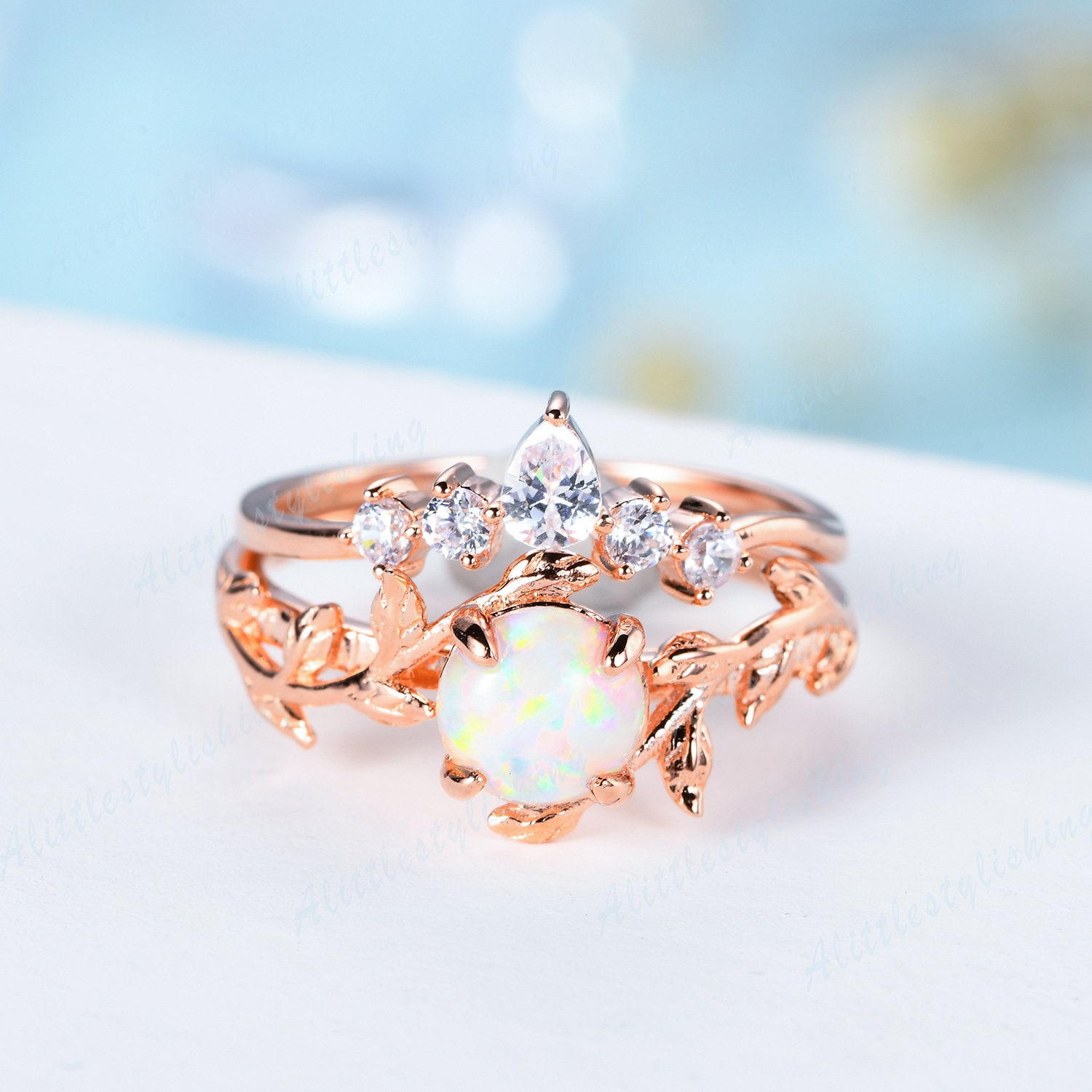 Opalringe Für Frauen Opal Verlobungsringe Vintage Inspiriert Blatt Ehering Set Antik Zweig Rose Gold Braut Jahrestag Geschenke von Alittlestylishing